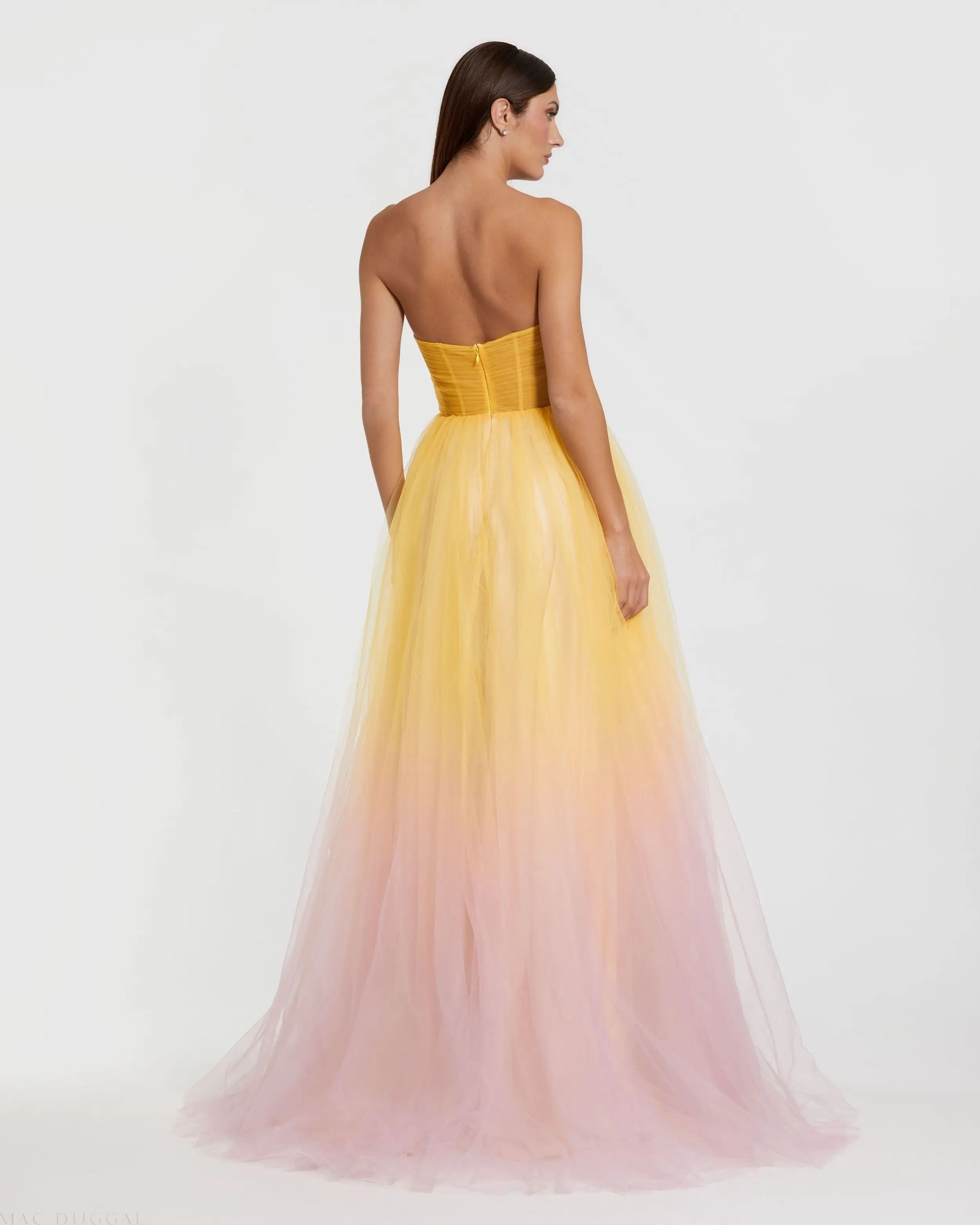 Yellow and Pink Strapless Corset Ombre Tulle Ballgown Mac Duggal