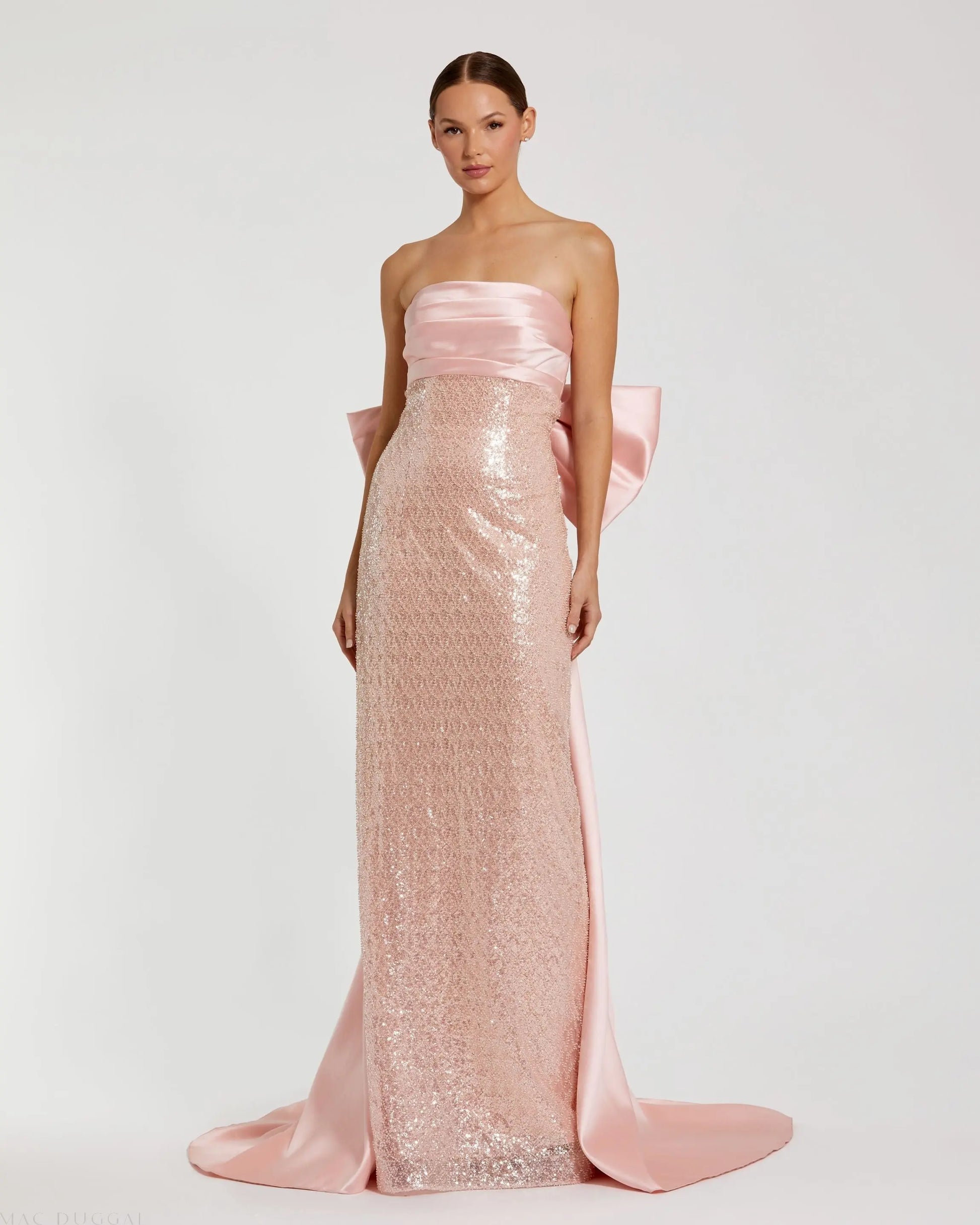 Pink Strapless Embellished Gown With Back Bow Detail Pink Strapless Embellished Gown With Back Bow Detail