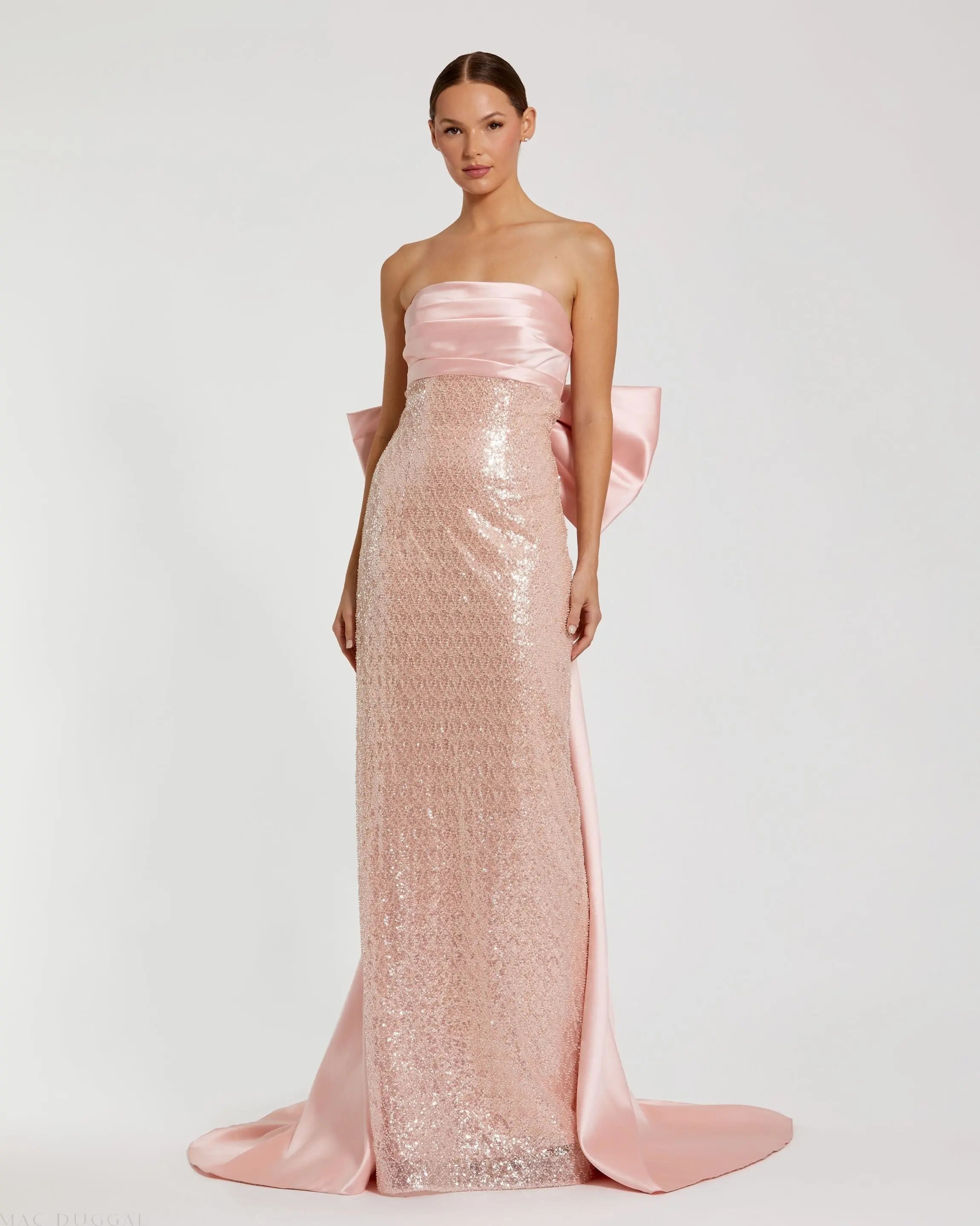 Pink Strapless Embellished Gown With Back Bow Detail Mac Duggal