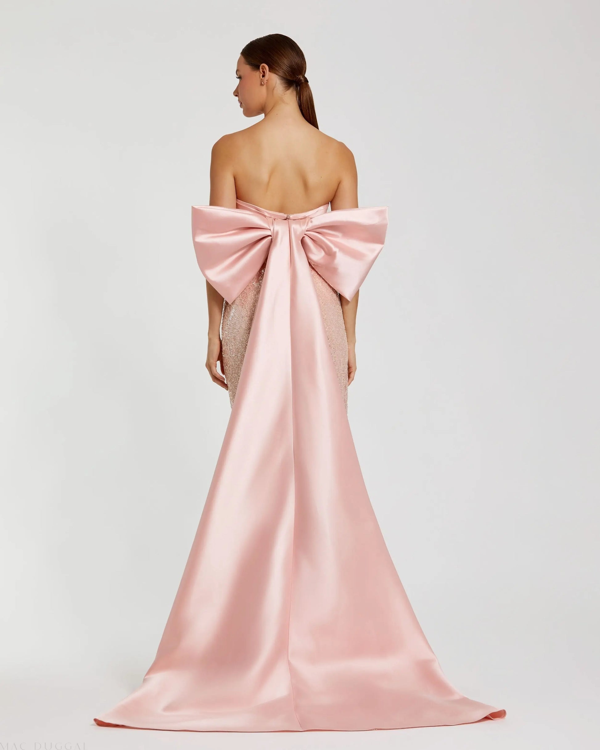 Pink Strapless Embellished Gown With Back Bow Detail | Mac Duggal Pink Strapless Embellished Gown With Back Bow Detail | Mac Duggal