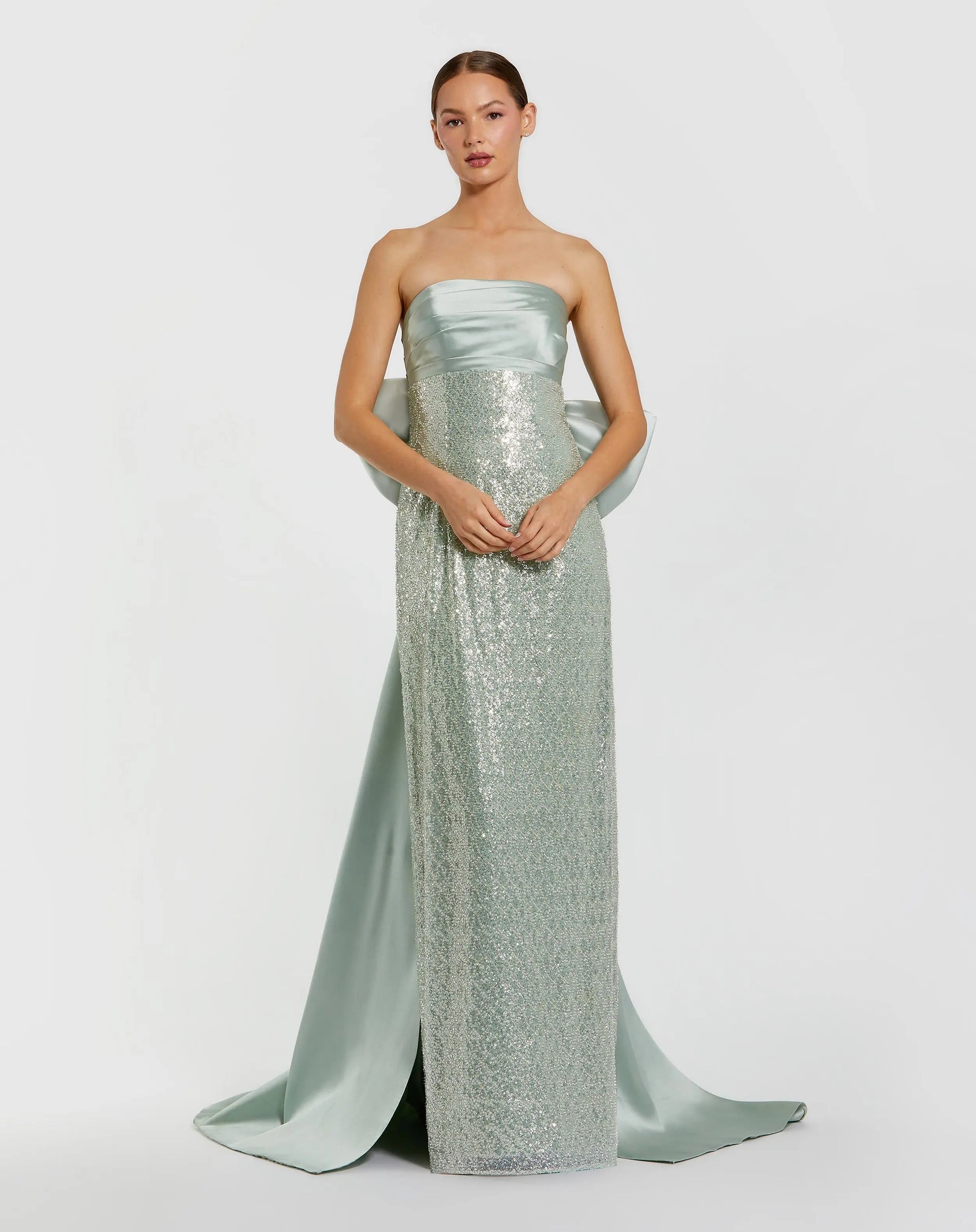 Green Strapless Embellished Gown With Back Bow Detail | Mac Duggal Green Strapless Embellished Gown With Back Bow Detail | Mac Duggal
