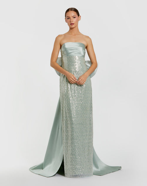 Green Strapless Embellished Gown With Back Bow Detail Mac Duggal