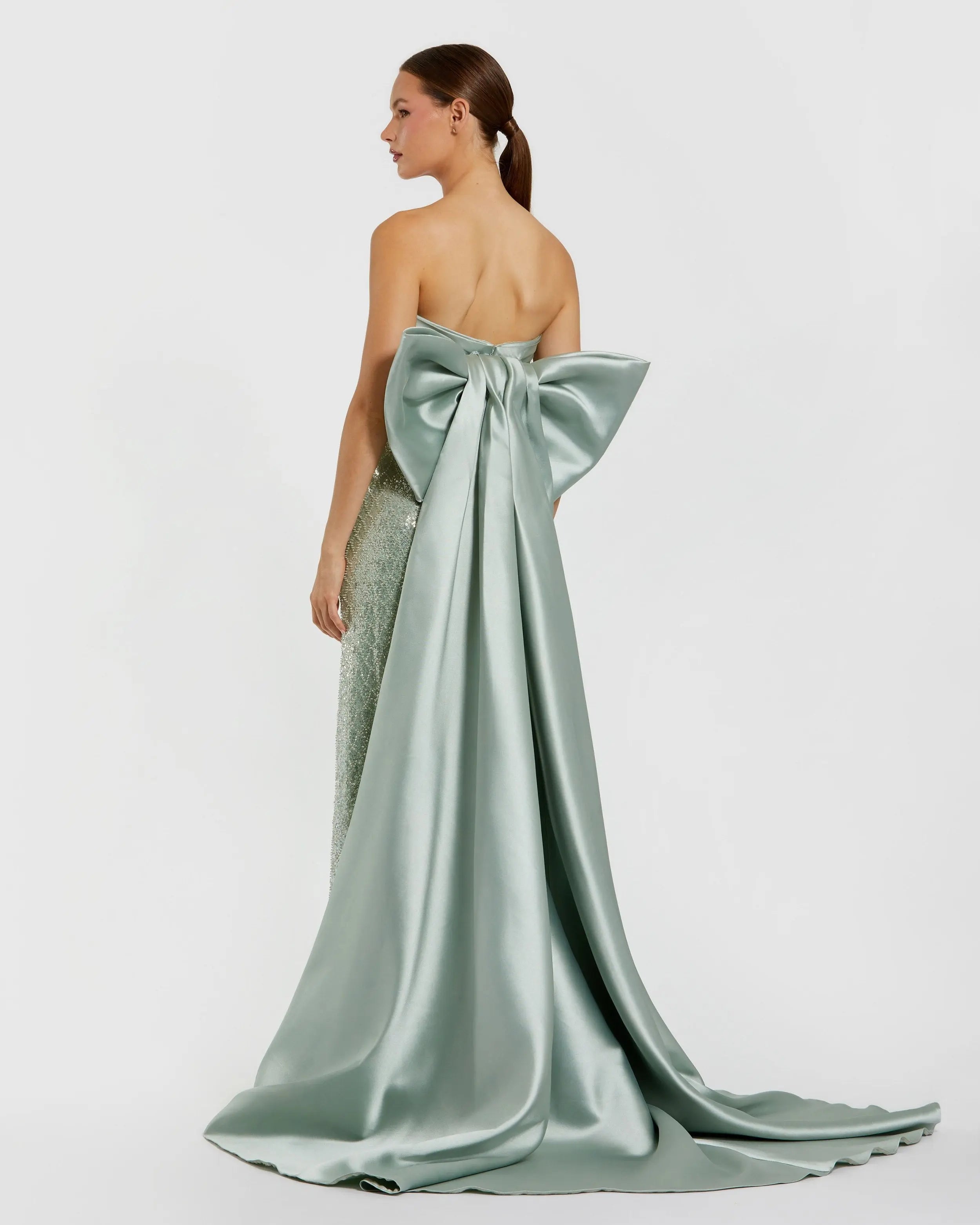 Green Strapless Embellished Gown With Back Bow Detail Mac Duggal