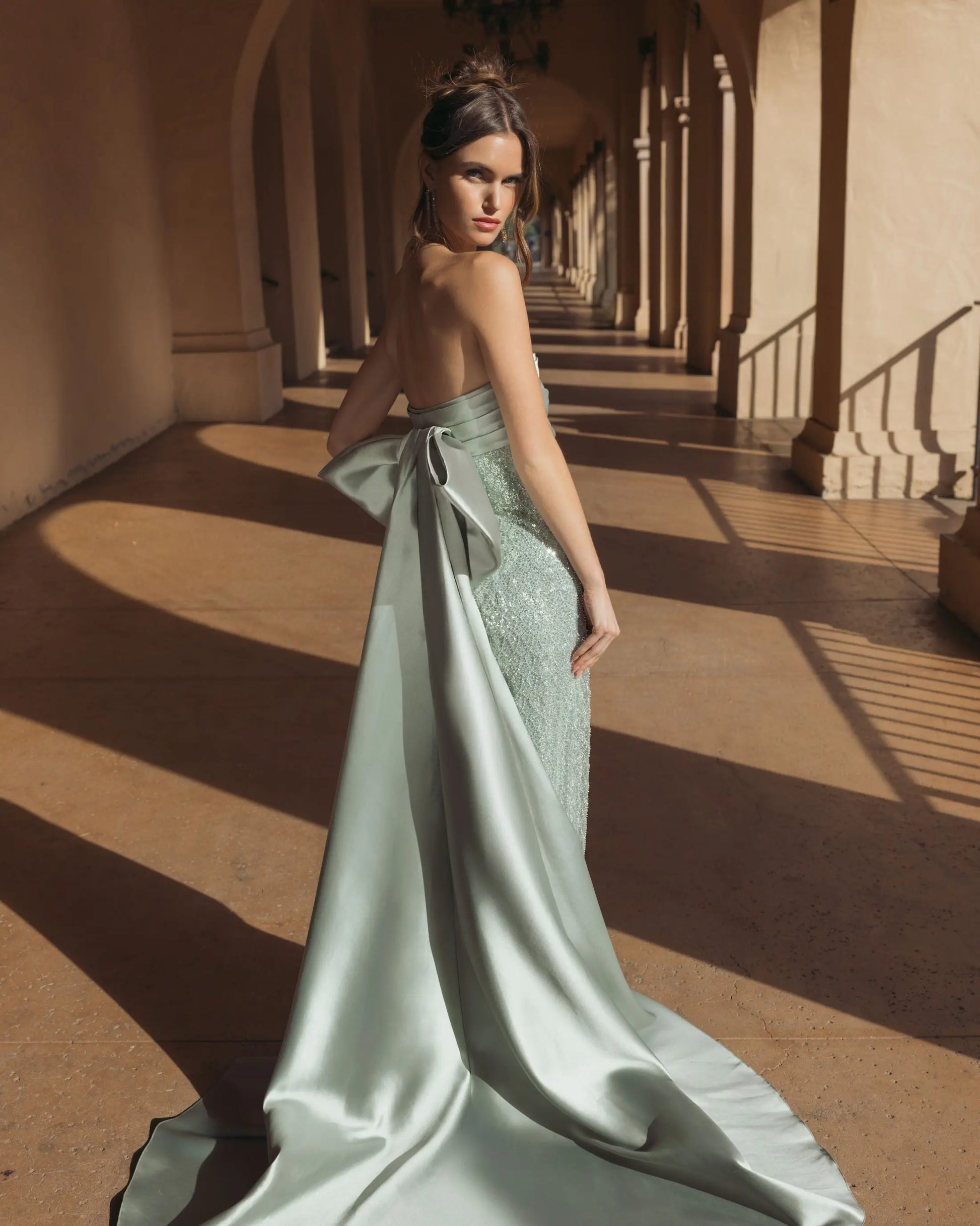 Green Strapless Embellished Gown With Back Bow Detail Mac Duggal