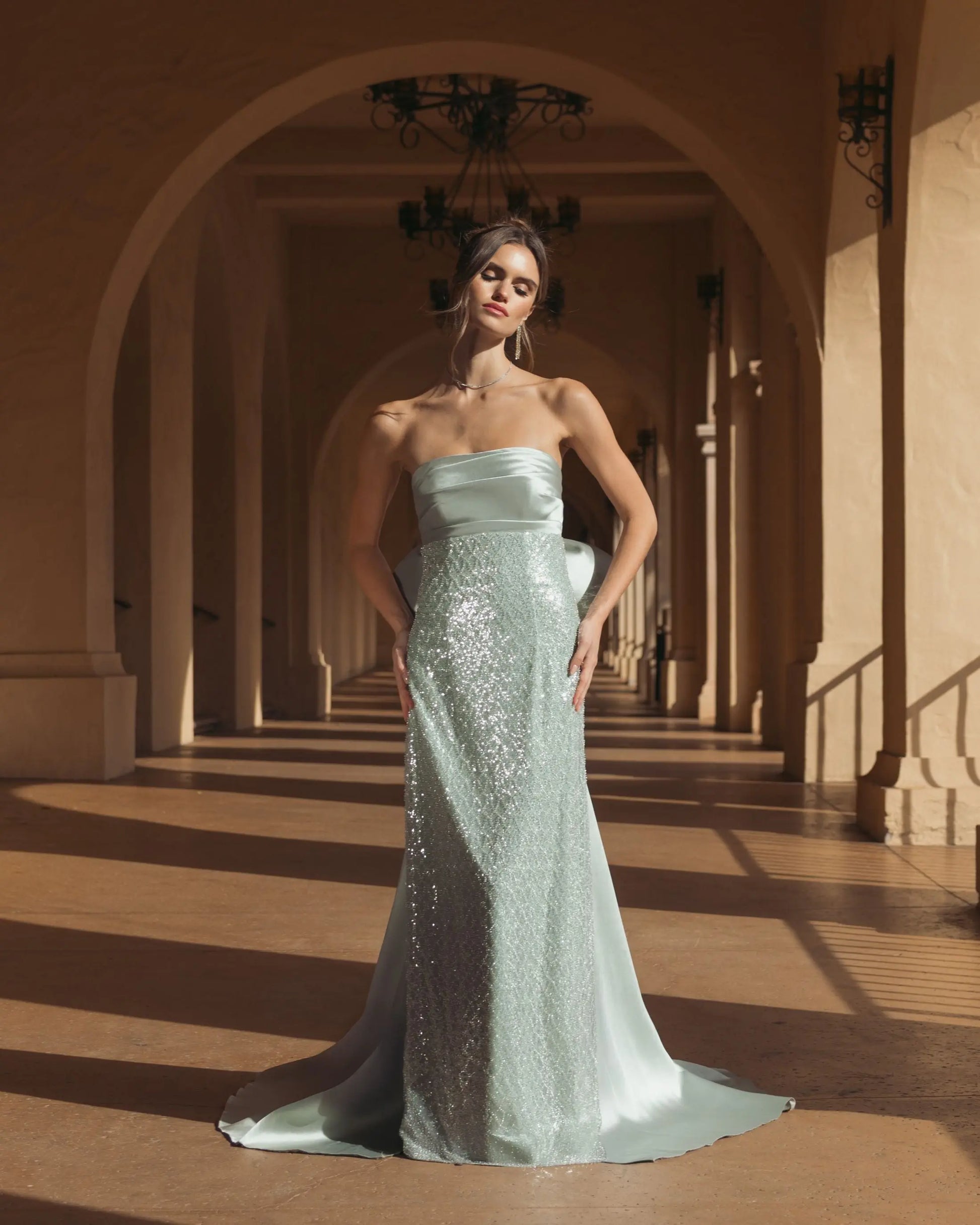 sage green strapless dress Mac Duggal Women's Strapless Embellished Gown With Back Bow Detail - Green - Size 4