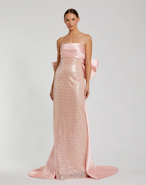 Pink Strapless Embellished Gown With Back Bow Detail