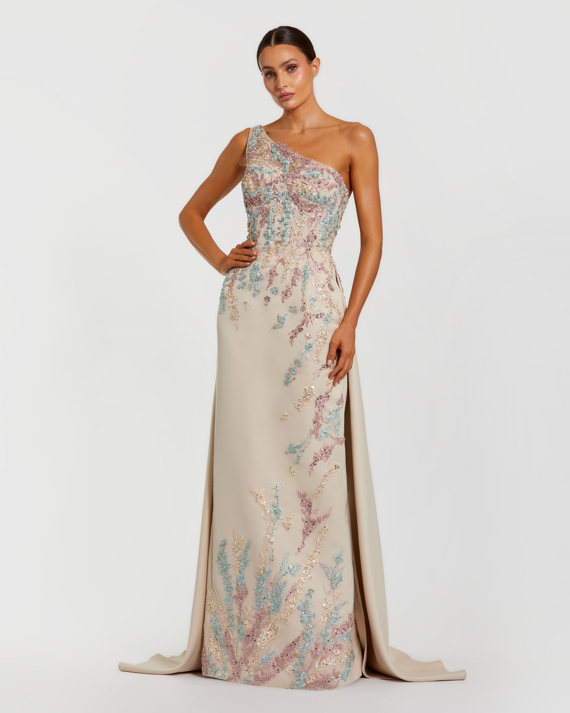 Beige One Shoulder Embellished Gown With Train Mac Duggal