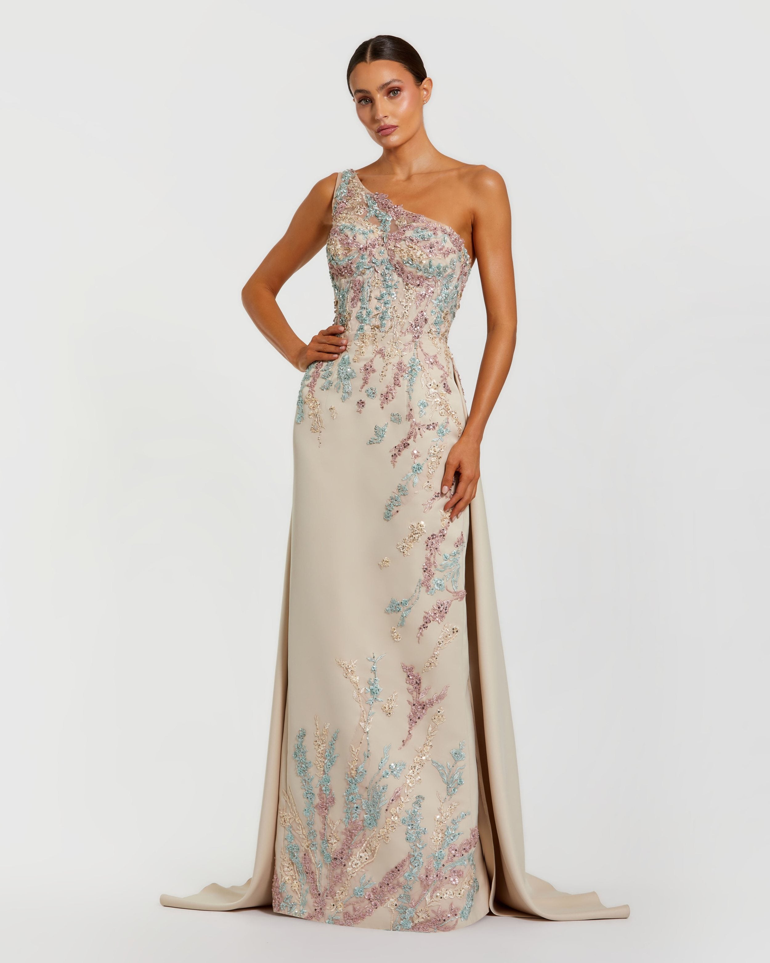 Beige One Shoulder Embellished Gown With Train Mac Duggal