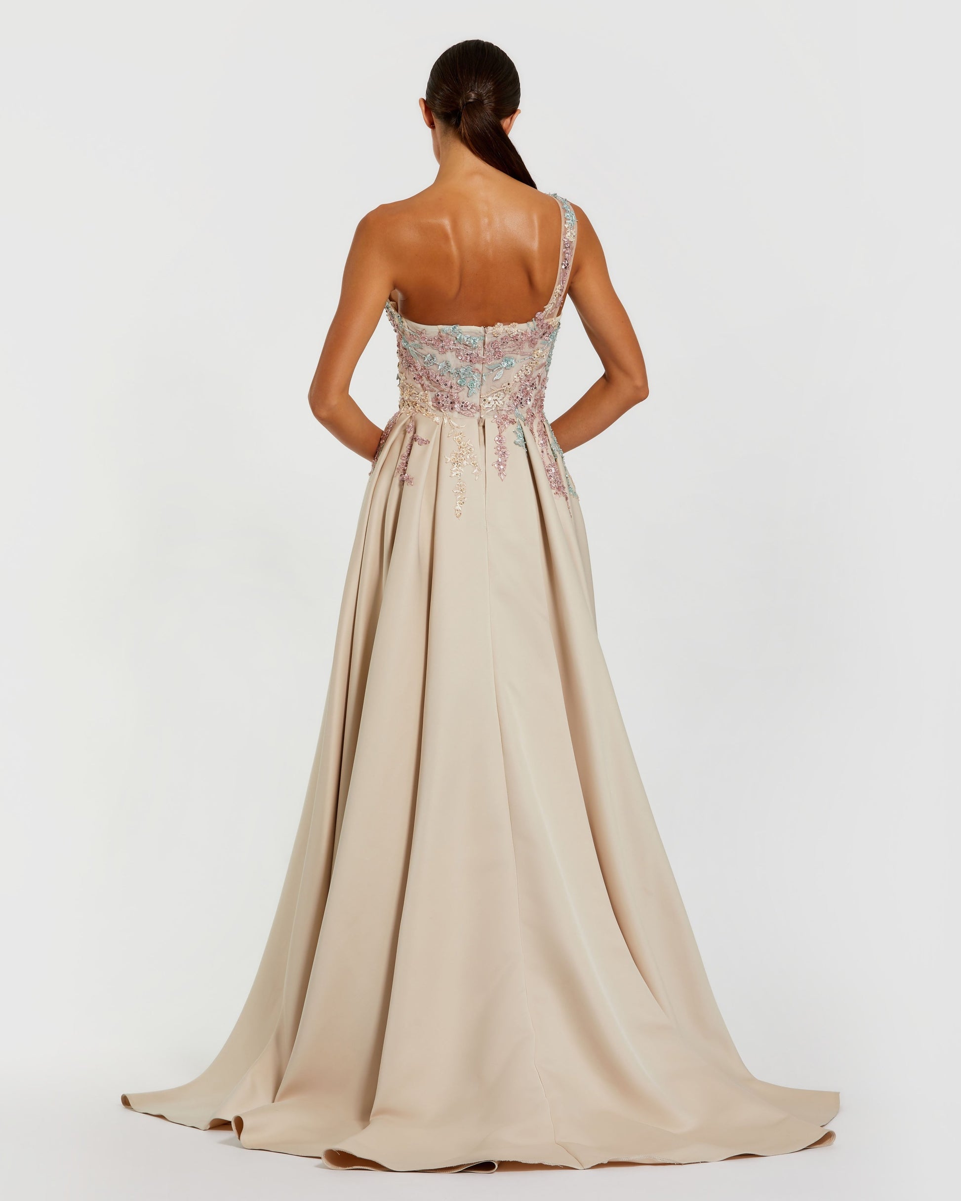 Beige One Shoulder Embellished Gown With Train