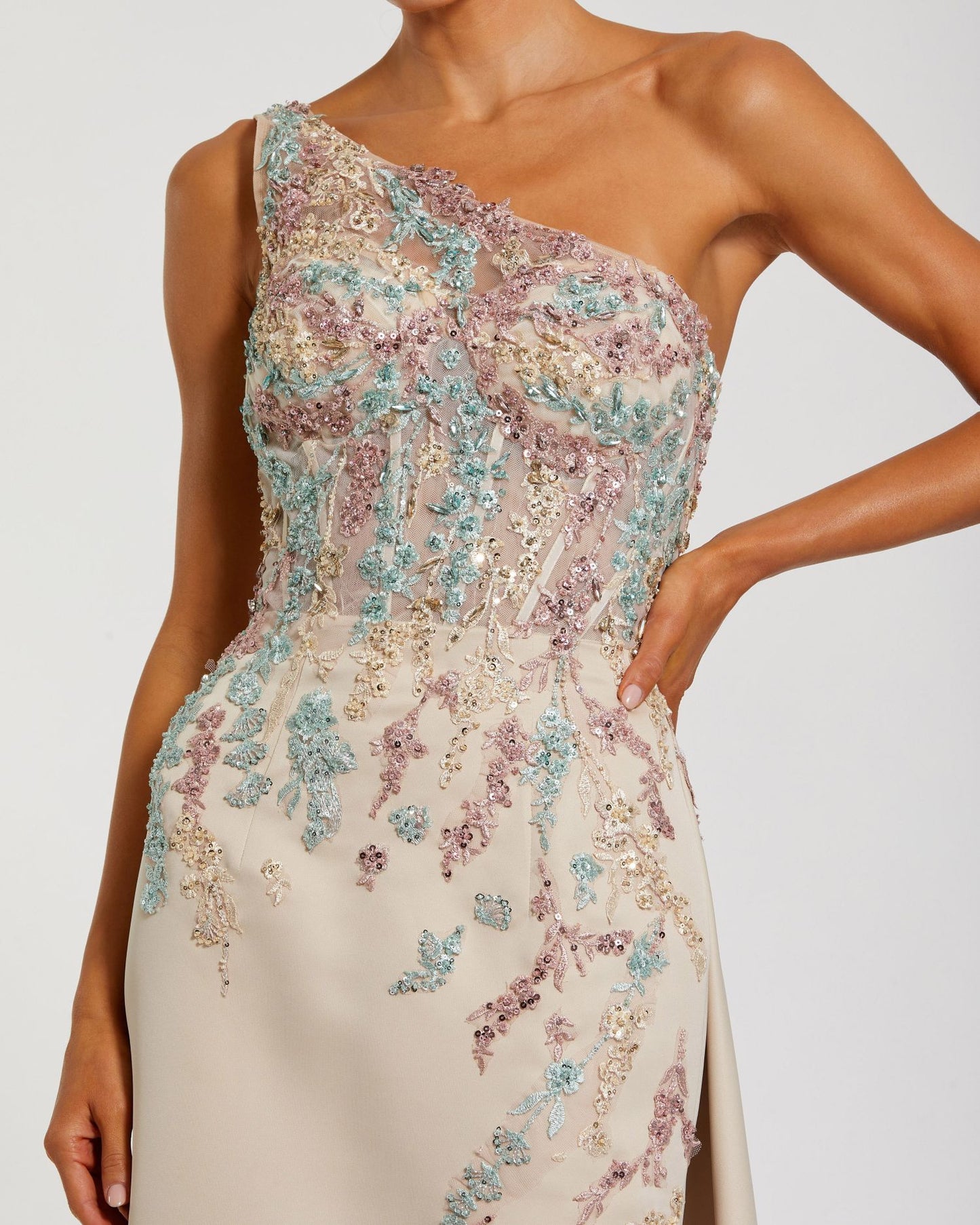 Beige One Shoulder Embellished Gown With Train