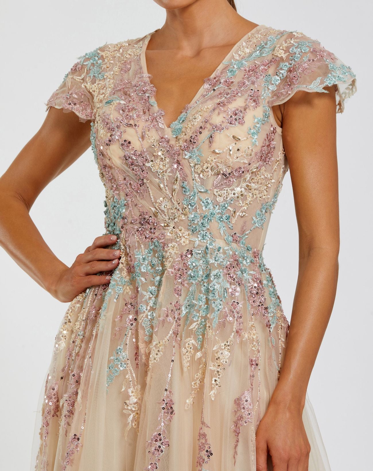 Beige Embroidered Tulle V-Neck Gown - Mac Duggal