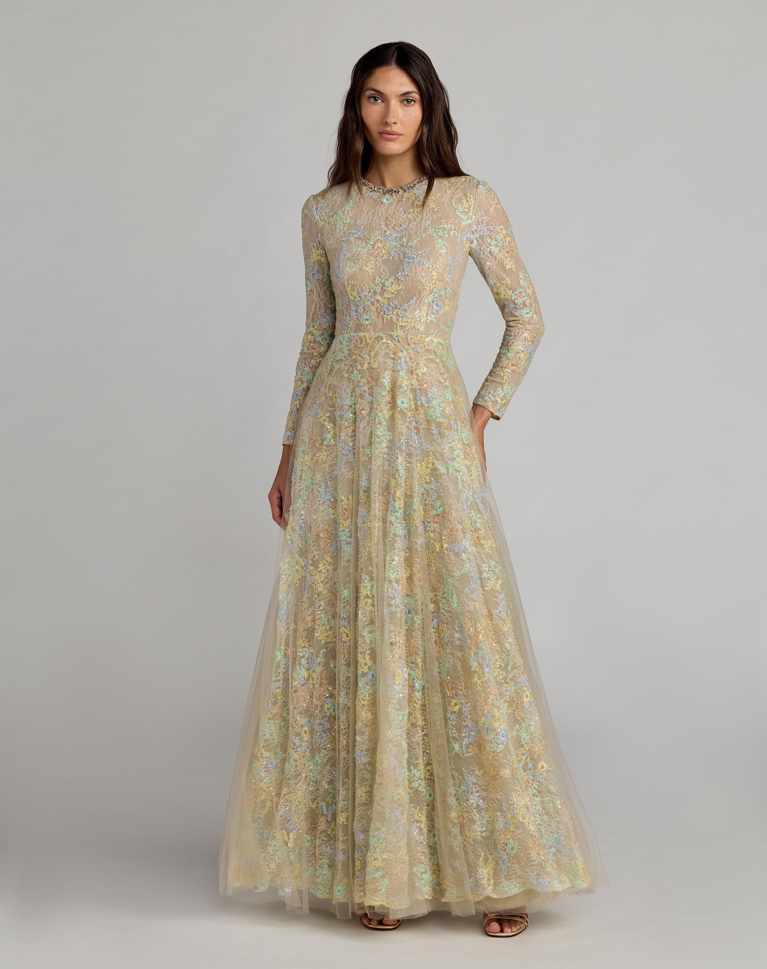 Beige Long Sleeve Embellished Lace A-Line Gown - Mac Duggal