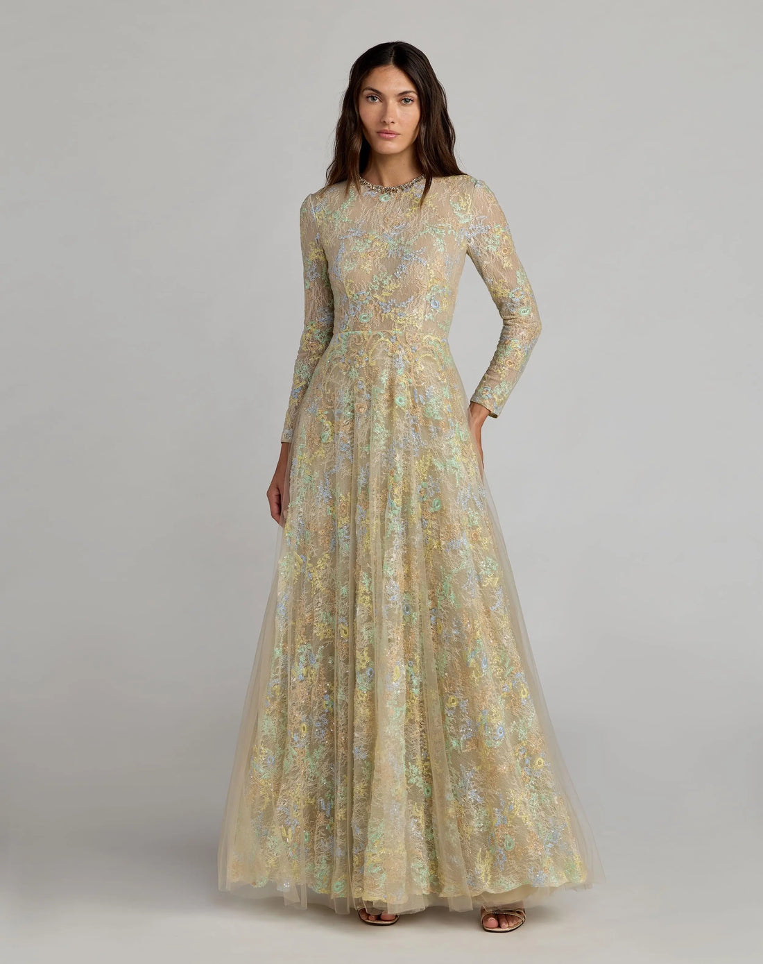 Beige Long Sleeve Embellished Lace A-Line Gown - Mac Duggal