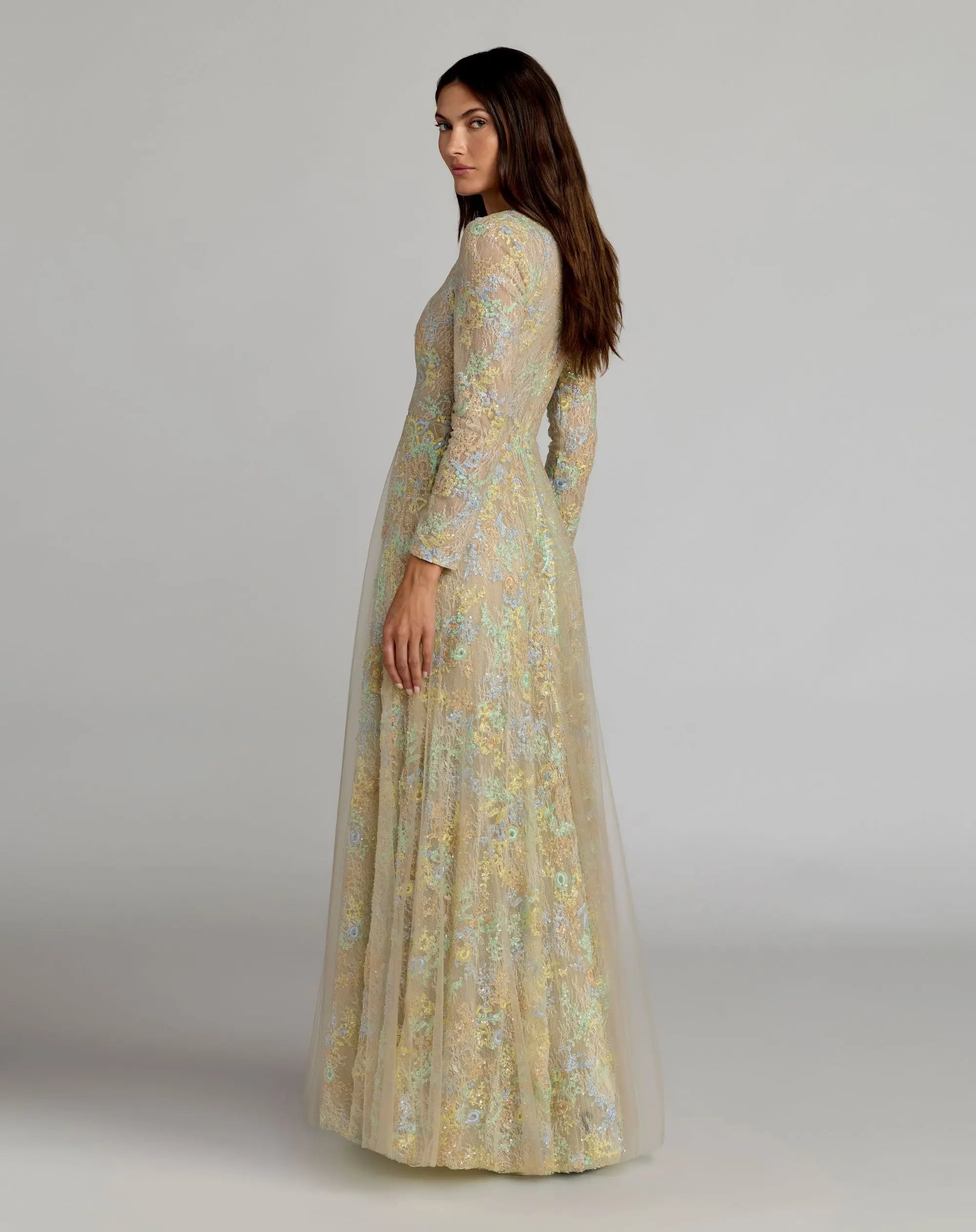 Beige Long Sleeve Embellished Lace A-Line Gown | Mac Duggal Beige Long Sleeve Embellished Lace A-Line Gown | Mac Duggal