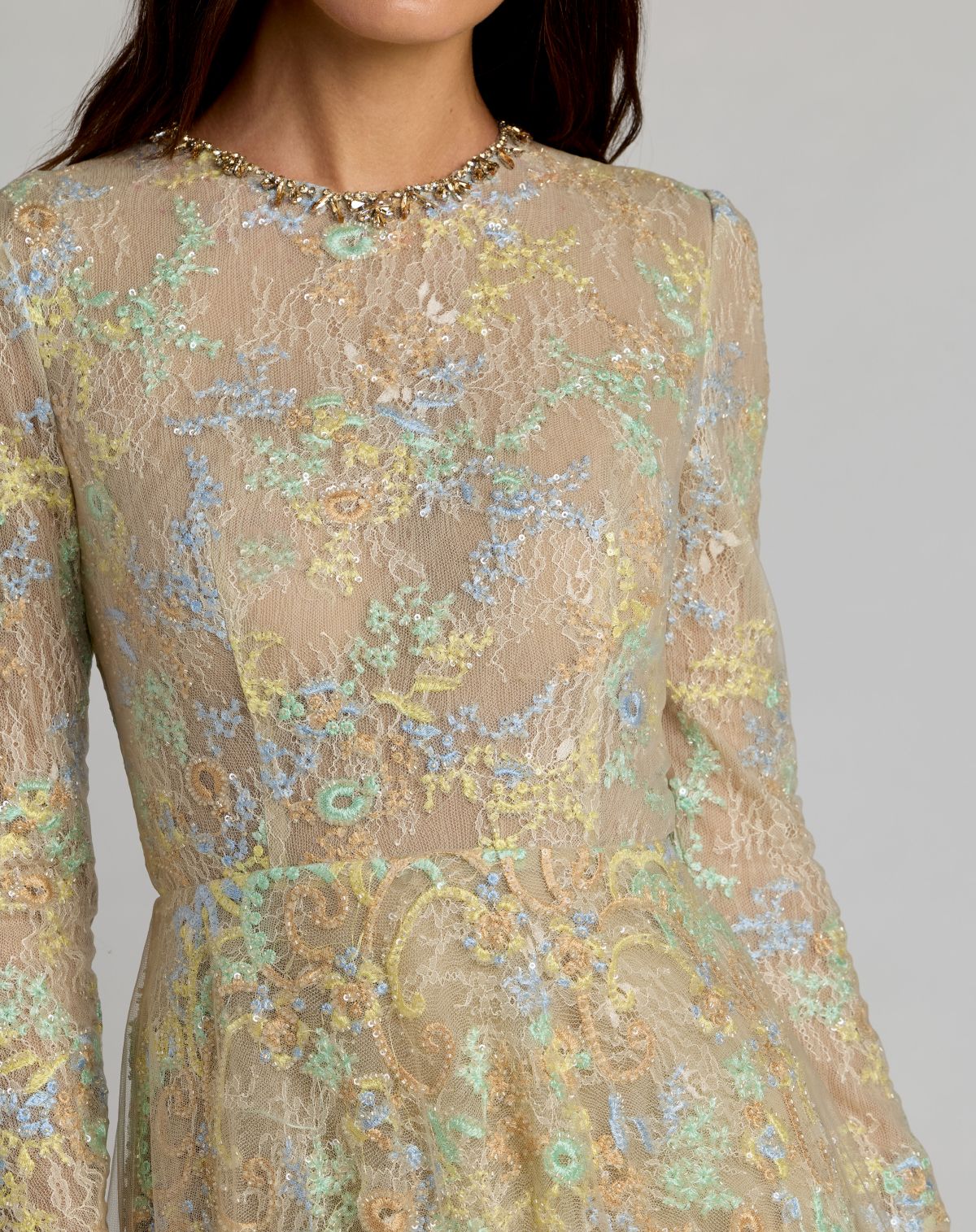 Beige Long Sleeve Embellished Lace A-Line Gown - Mac Duggal