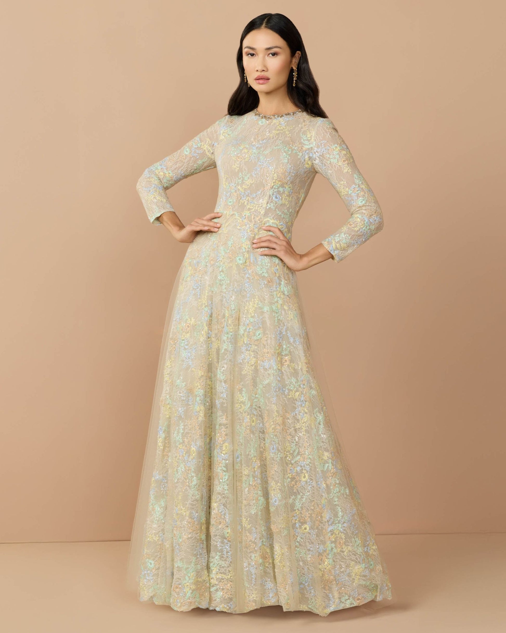 Beige Long Sleeve Embellished Lace A-Line Gown - Mac Duggal