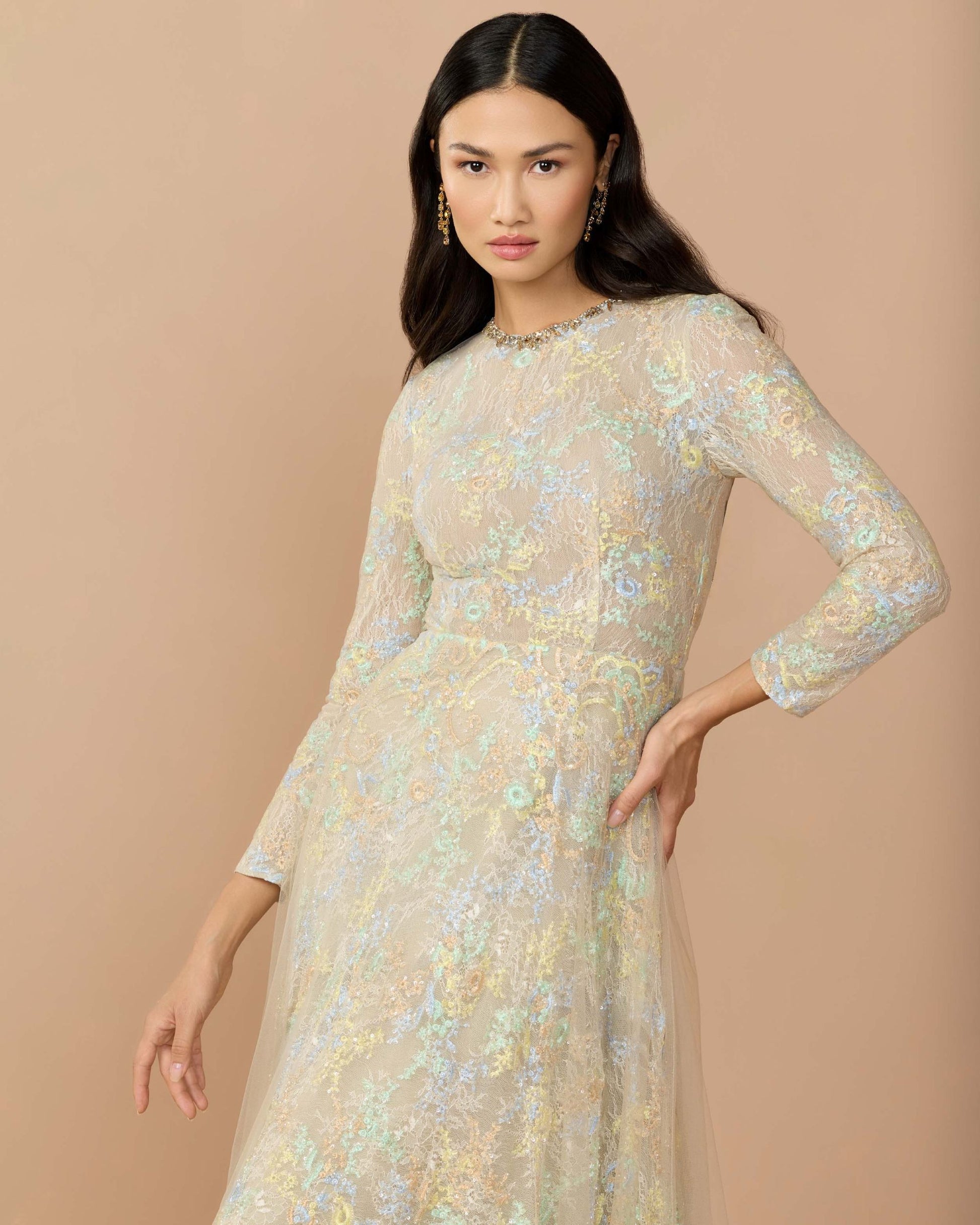 Beige Long Sleeve Embellished Lace A-Line Gown - Mac Duggal