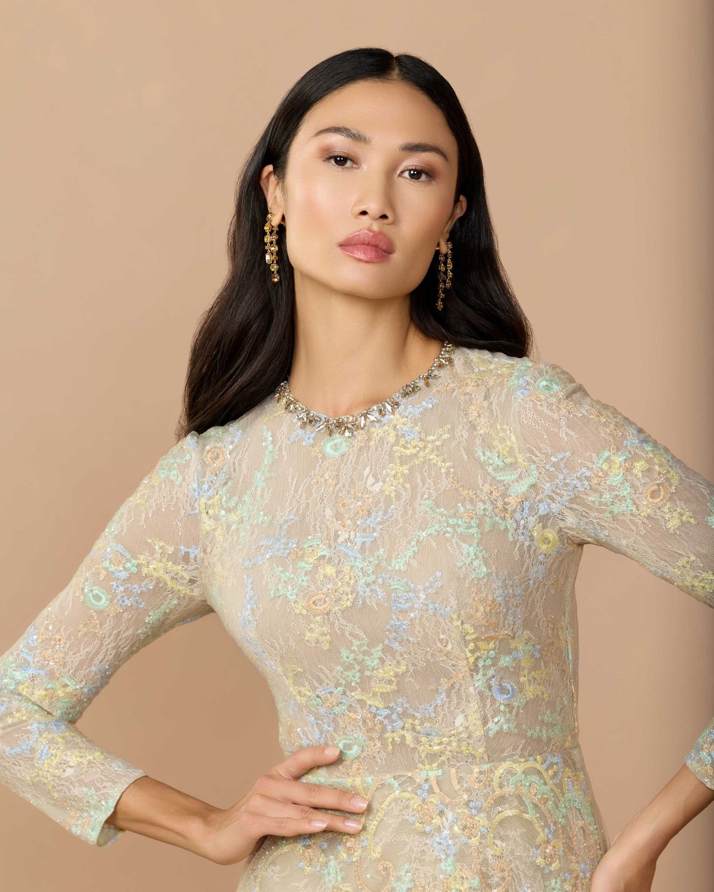 Beige Long Sleeve Embellished Lace A-Line Gown - Mac Duggal