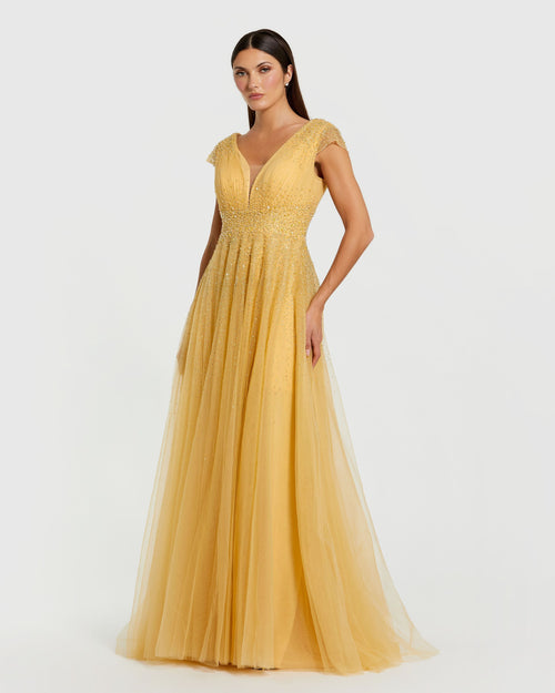 Yellow Embellished Tulle Cap Sleeve V Neck Gown - Mac Duggal