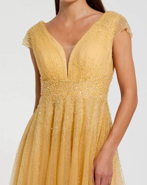 Yellow Embellished Tulle Cap Sleeve V Neck Gown - Mac Duggal