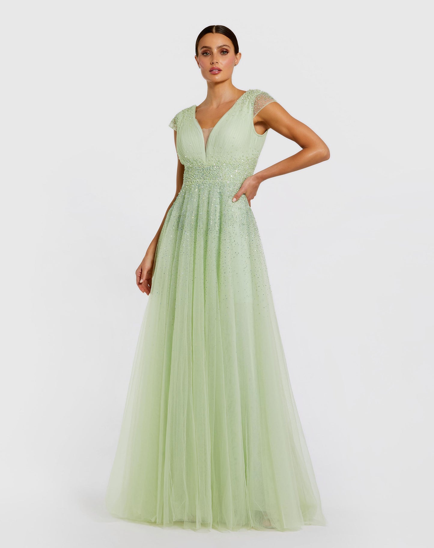 Green Embellished Cap Sleeve V Neck Tulle Gown Mac Duggal