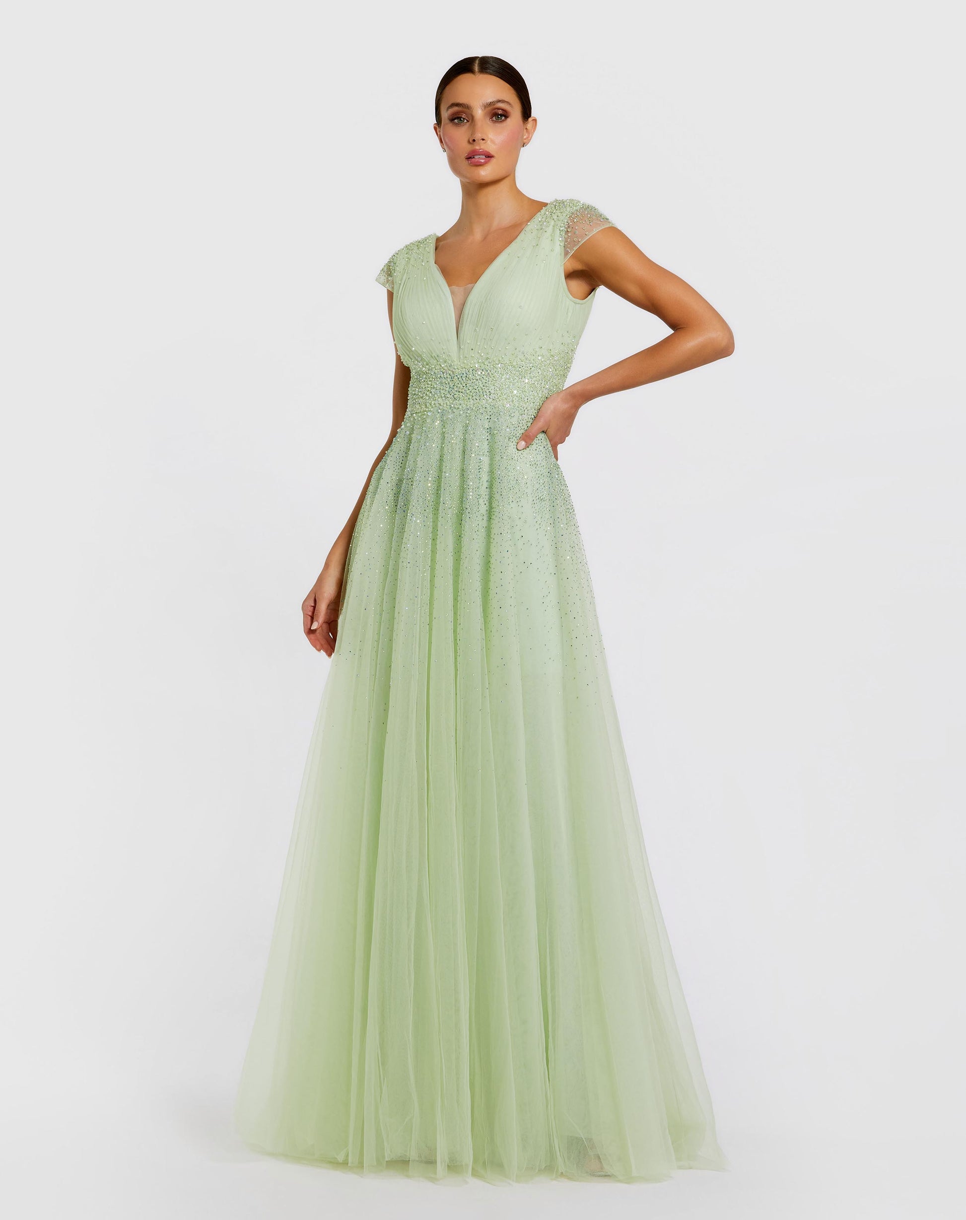 Green Embellished Cap Sleeve V Neck Tulle Gown Mac Duggal