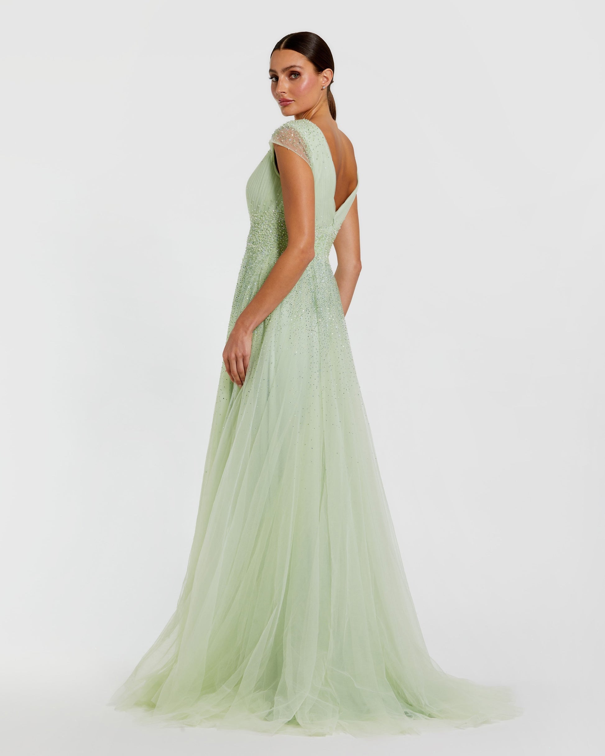 Green Embellished Cap Sleeve V Neck Tulle Gown Mac Duggal