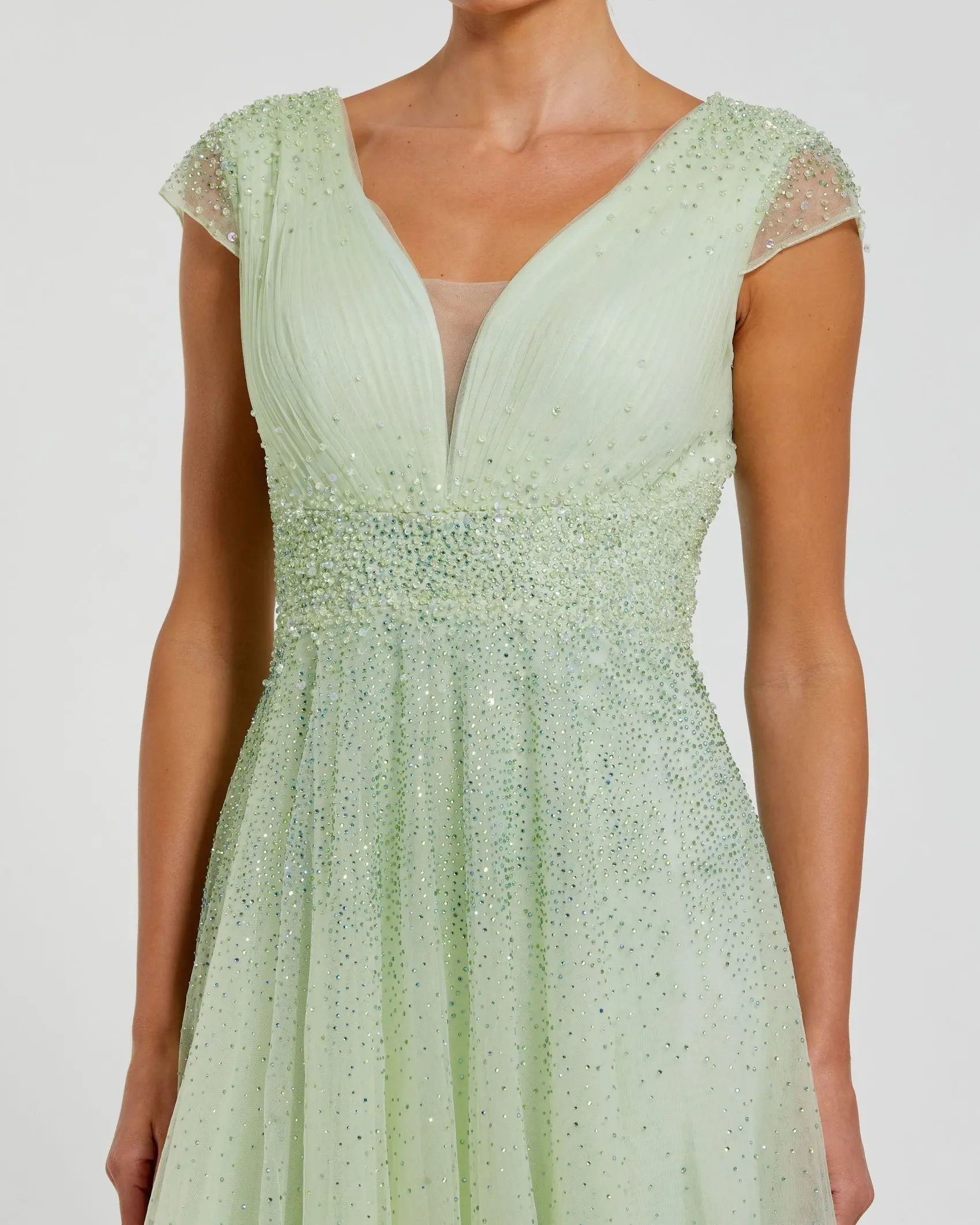 Green Embellished Cap Sleeve V Neck Tulle Gown | Mac Duggal Green Embellished Cap Sleeve V Neck Tulle Gown | Mac Duggal