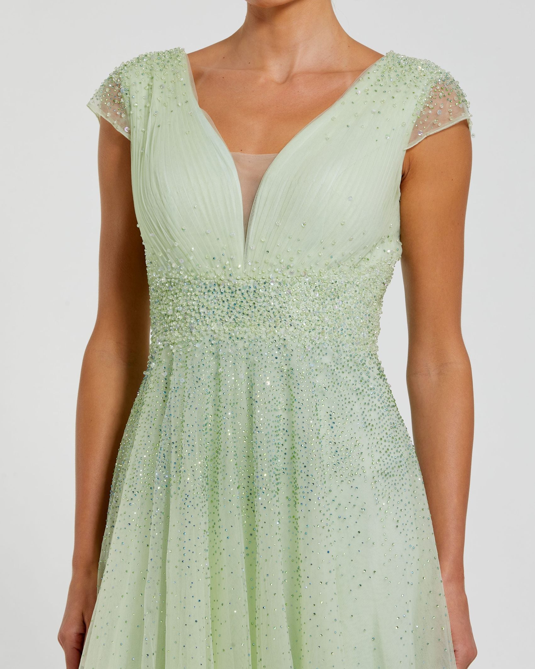 Green Embellished Cap Sleeve V Neck Tulle Gown Mac Duggal