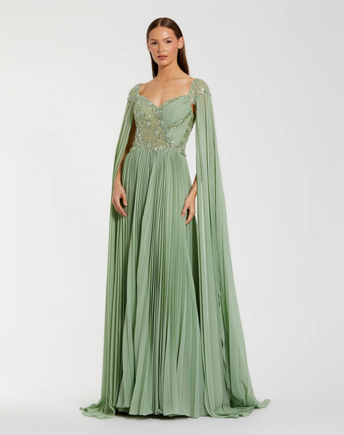 Green Embellished Chiffon Cape Sleeve A Line Gown - Mac Duggal