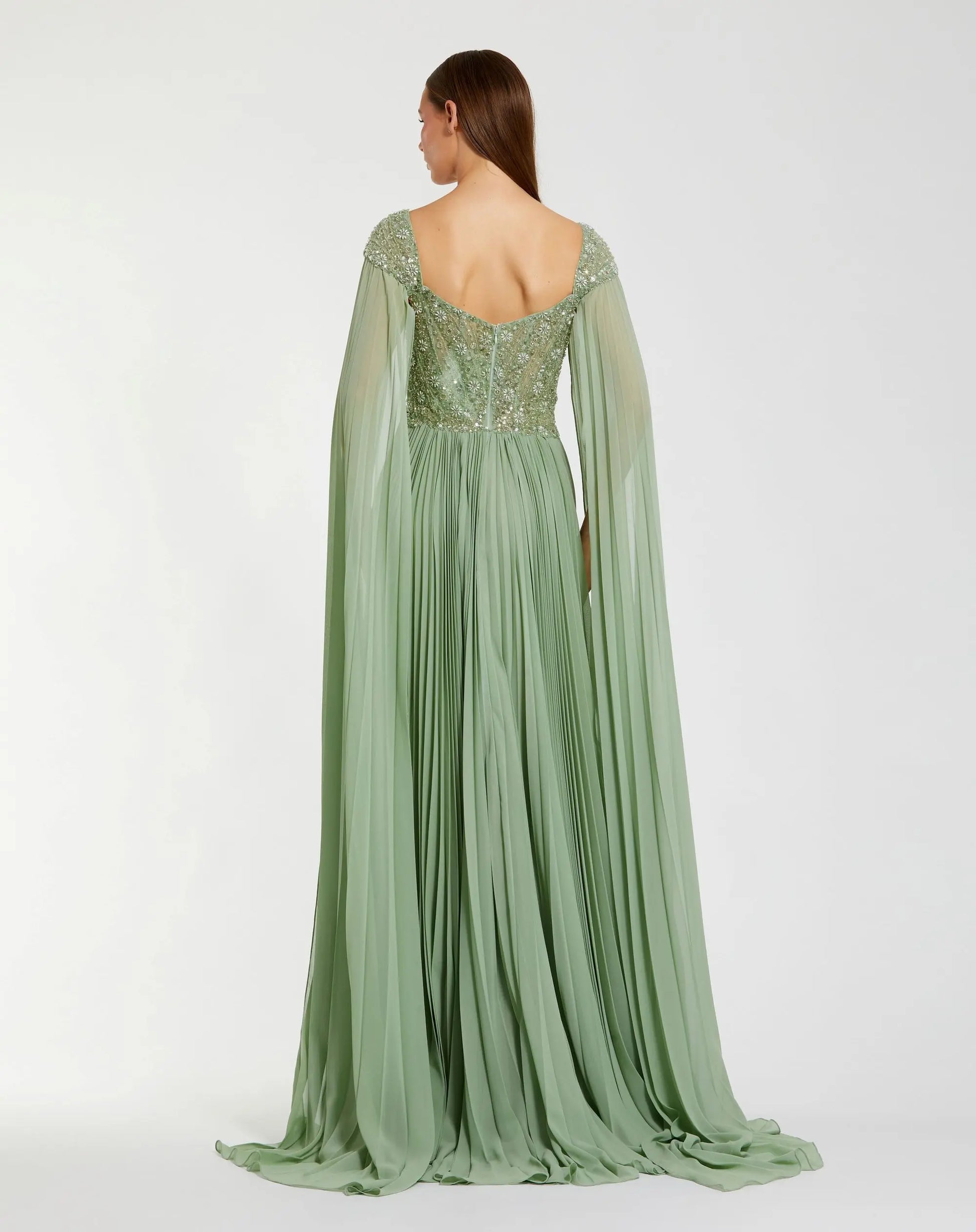 Mac Duggal Cape Sleeve Pleated Charmeuse Beaded Gown - Sage Mac Duggal Cape Sleeve Pleated Charmeuse Beaded Gown - Sage
