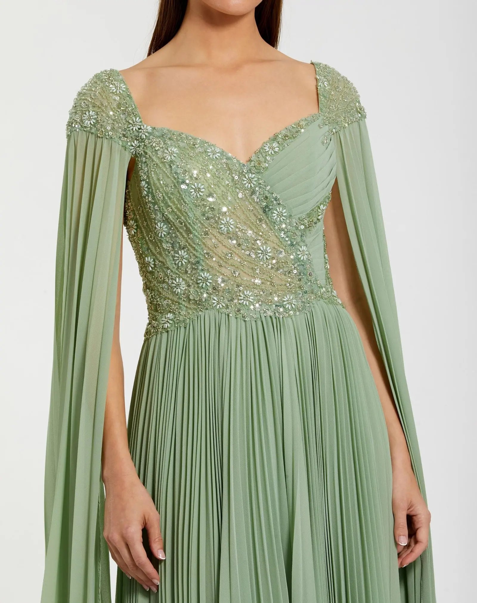 Green Embellished Chiffon Cape Sleeve A Line Gown | Mac Duggal