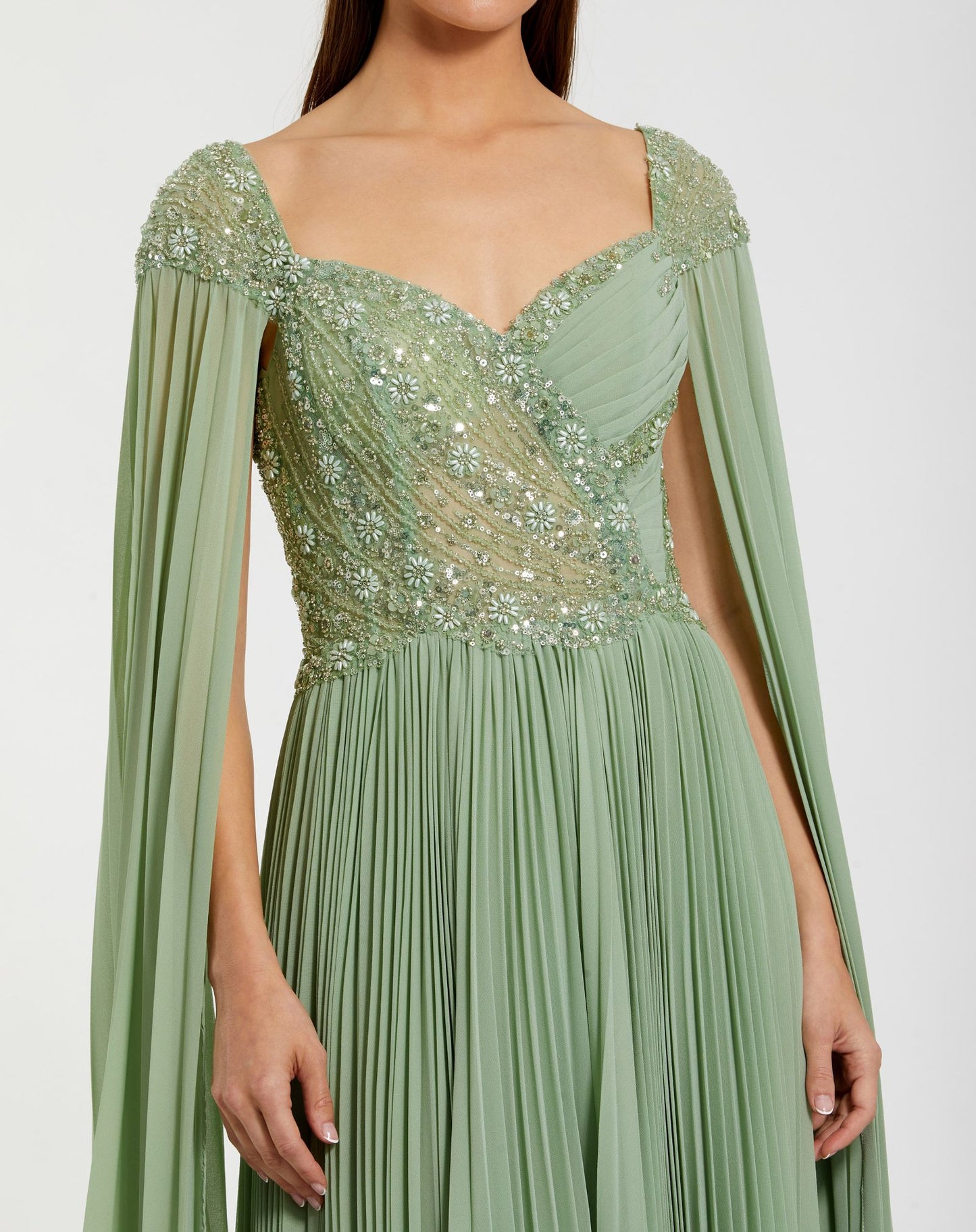 Green Embellished Chiffon Cape Sleeve A Line Gown - Mac Duggal