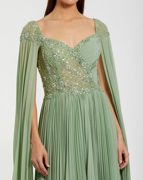 Green Embellished Chiffon Cape Sleeve A Line Gown - Mac Duggal