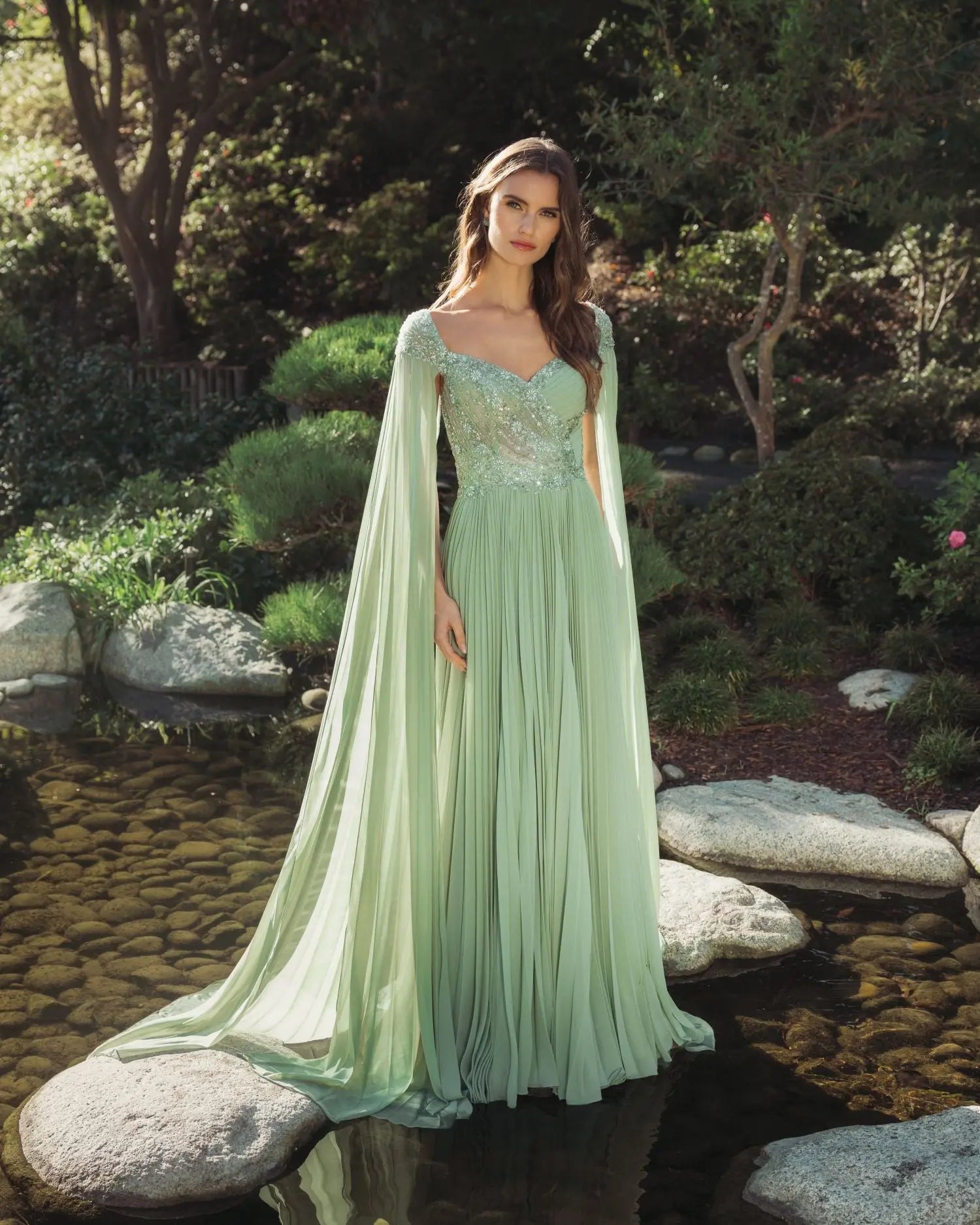 Green Embellished Chiffon Cape Sleeve A Line Gown - Mac Duggal