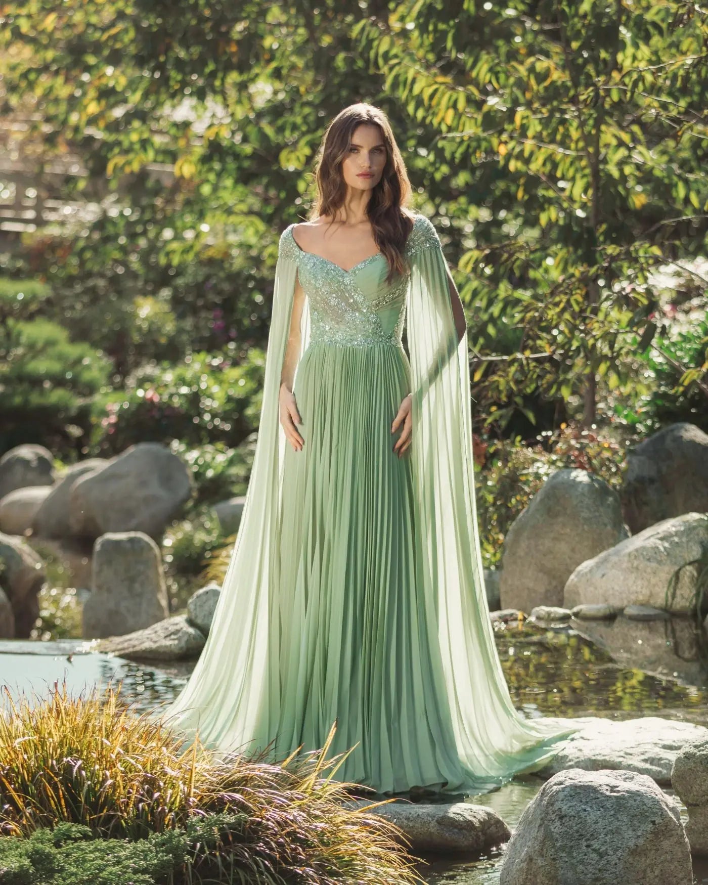 Mac Duggal Cape Sleeve Pleated Charmeuse Beaded Gown - Sage Mac Duggal Cape Sleeve Pleated Charmeuse Beaded Gown - Sage