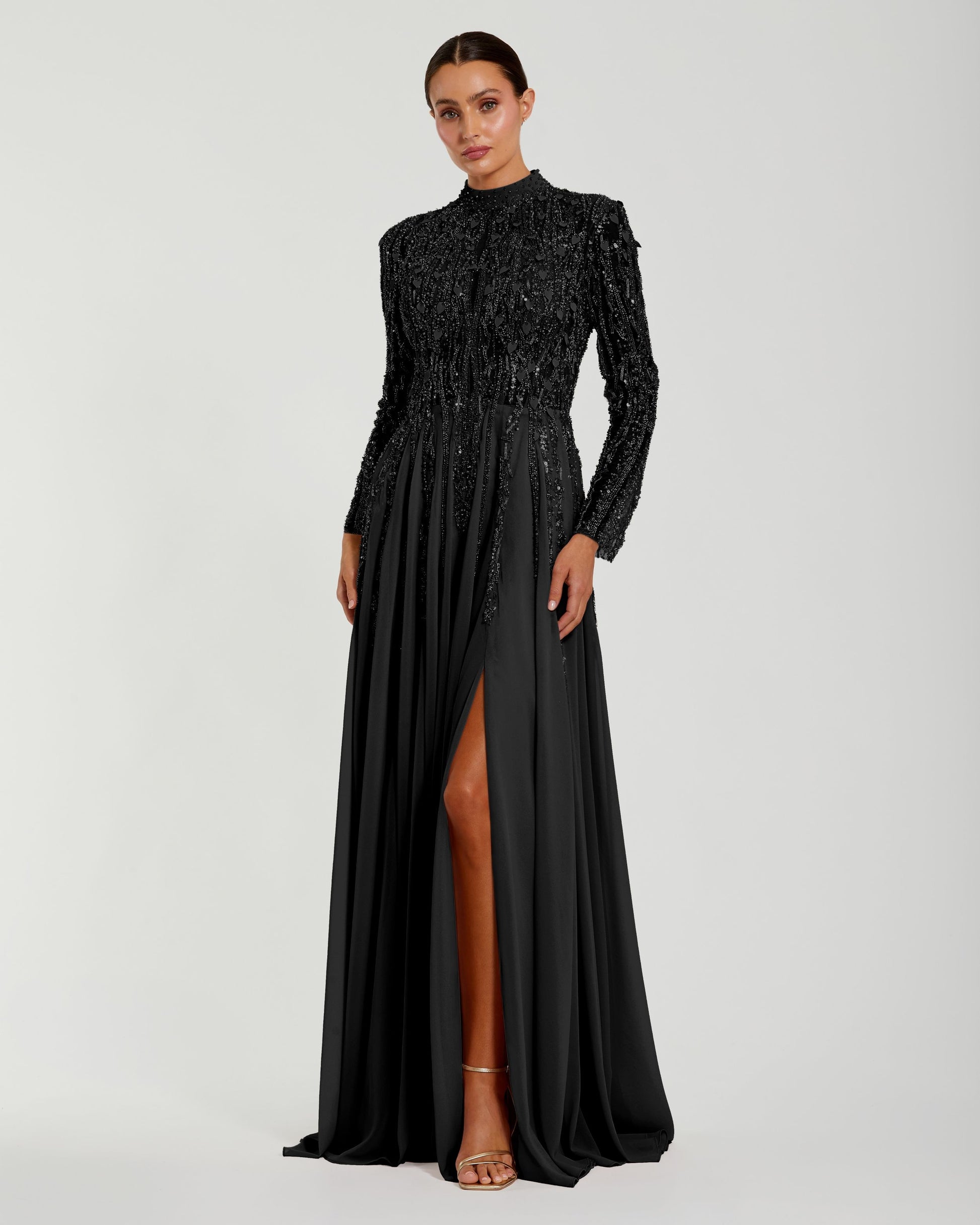 Black Embellished Long Sleeve Gown with Slit - Mac Duggal