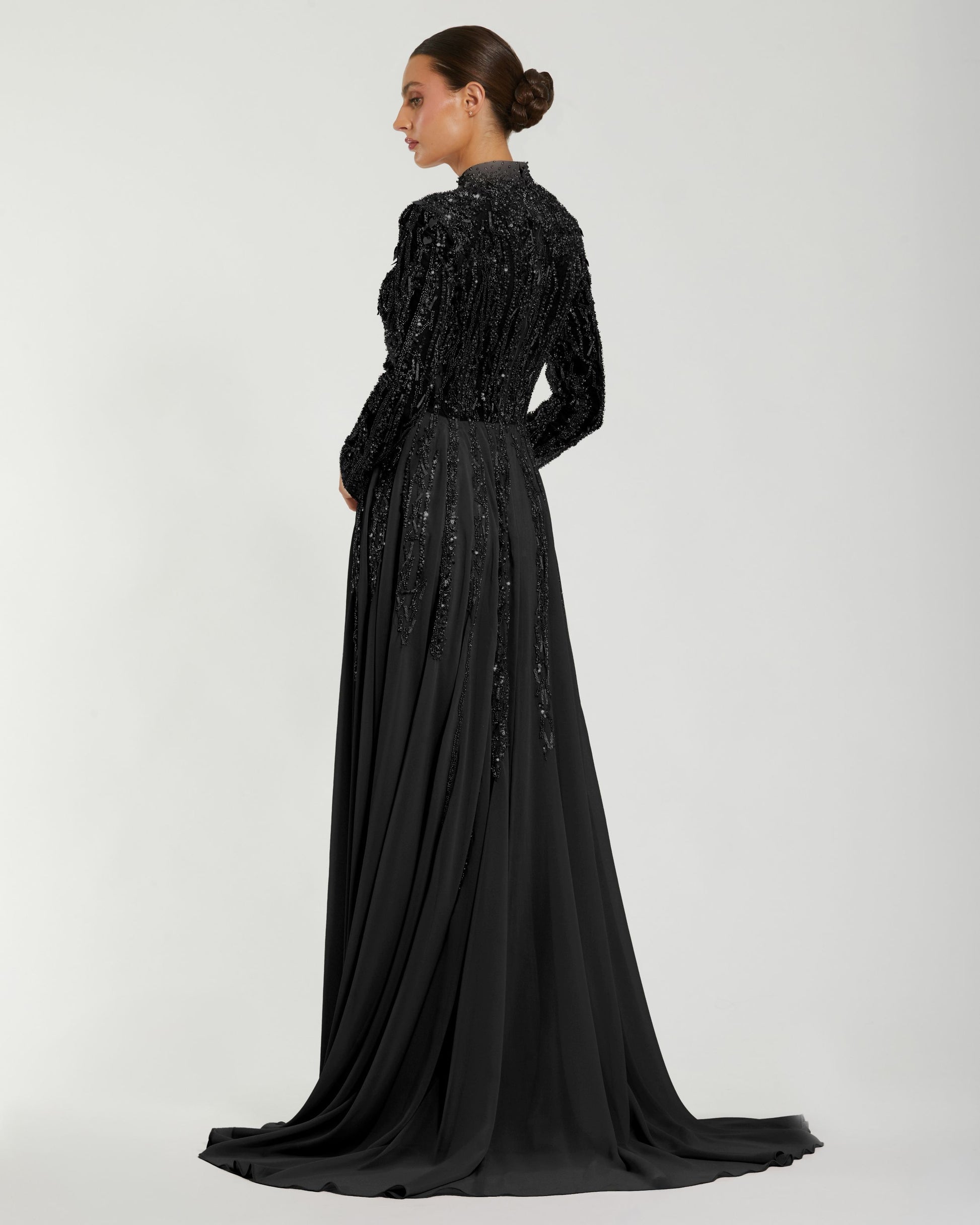Black Embellished Long Sleeve Gown with Slit - Mac Duggal