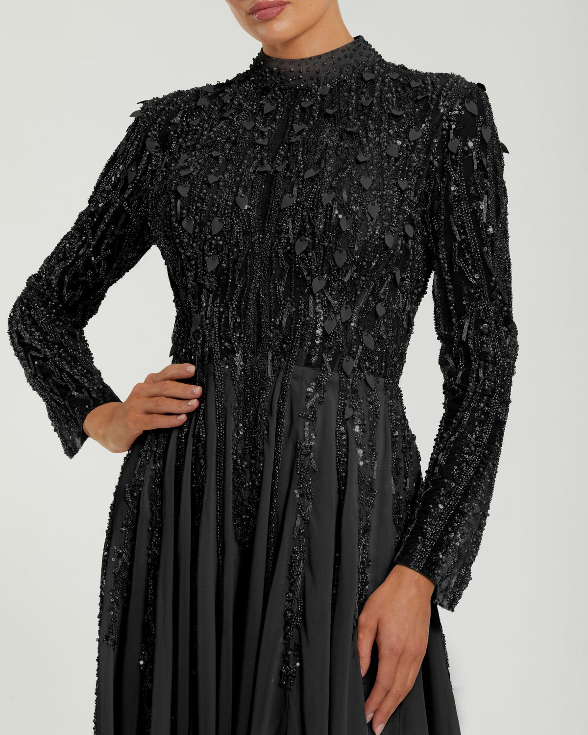 Black Embellished Long Sleeve Gown with Slit - Mac Duggal