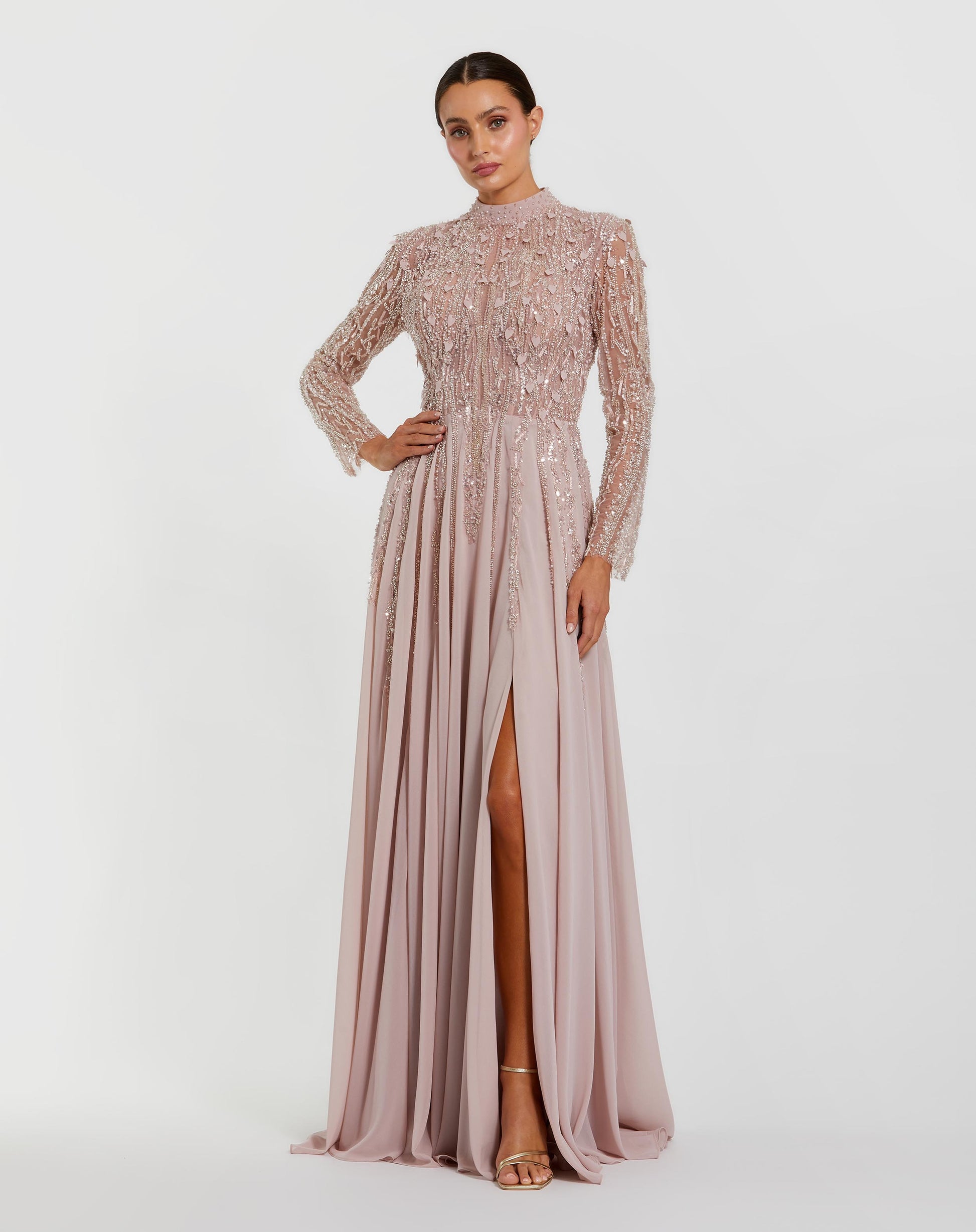 Light Purple Embellished Long Sleeve Gown with Slit Mac Duggal