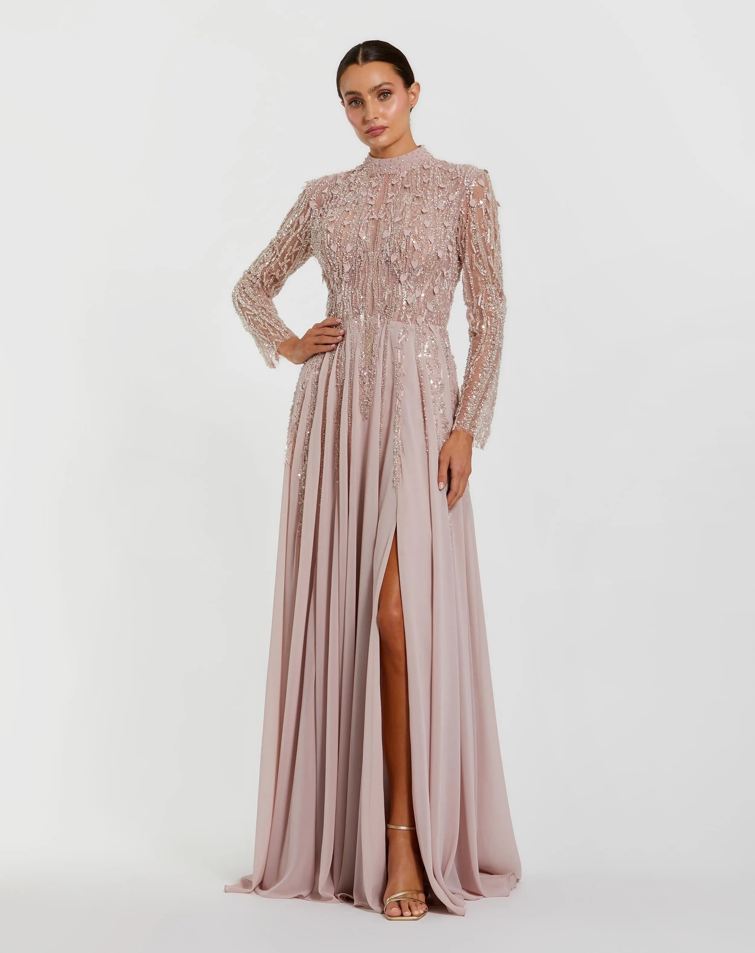Light Purple Embellished Long Sleeve Gown with Slit Mac Duggal