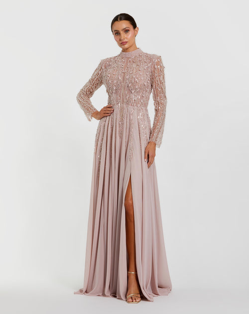 Light Purple Embellished Long Sleeve Gown with Slit Mac Duggal