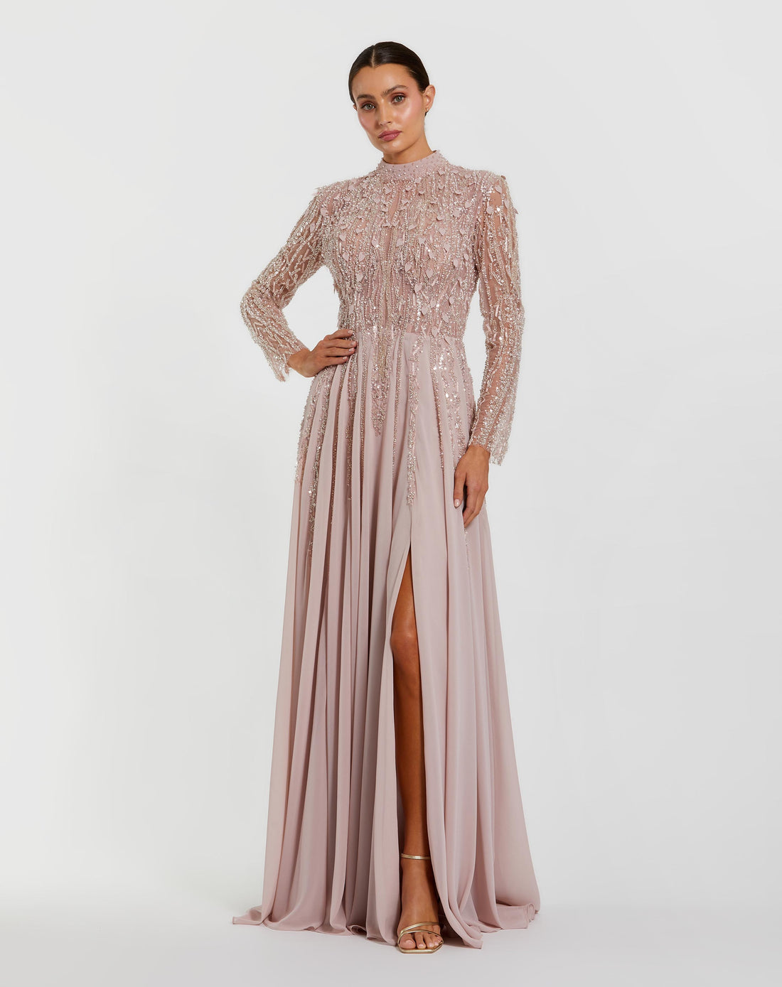 Light Purple Embellished Long Sleeve Gown with Slit Mac Duggal