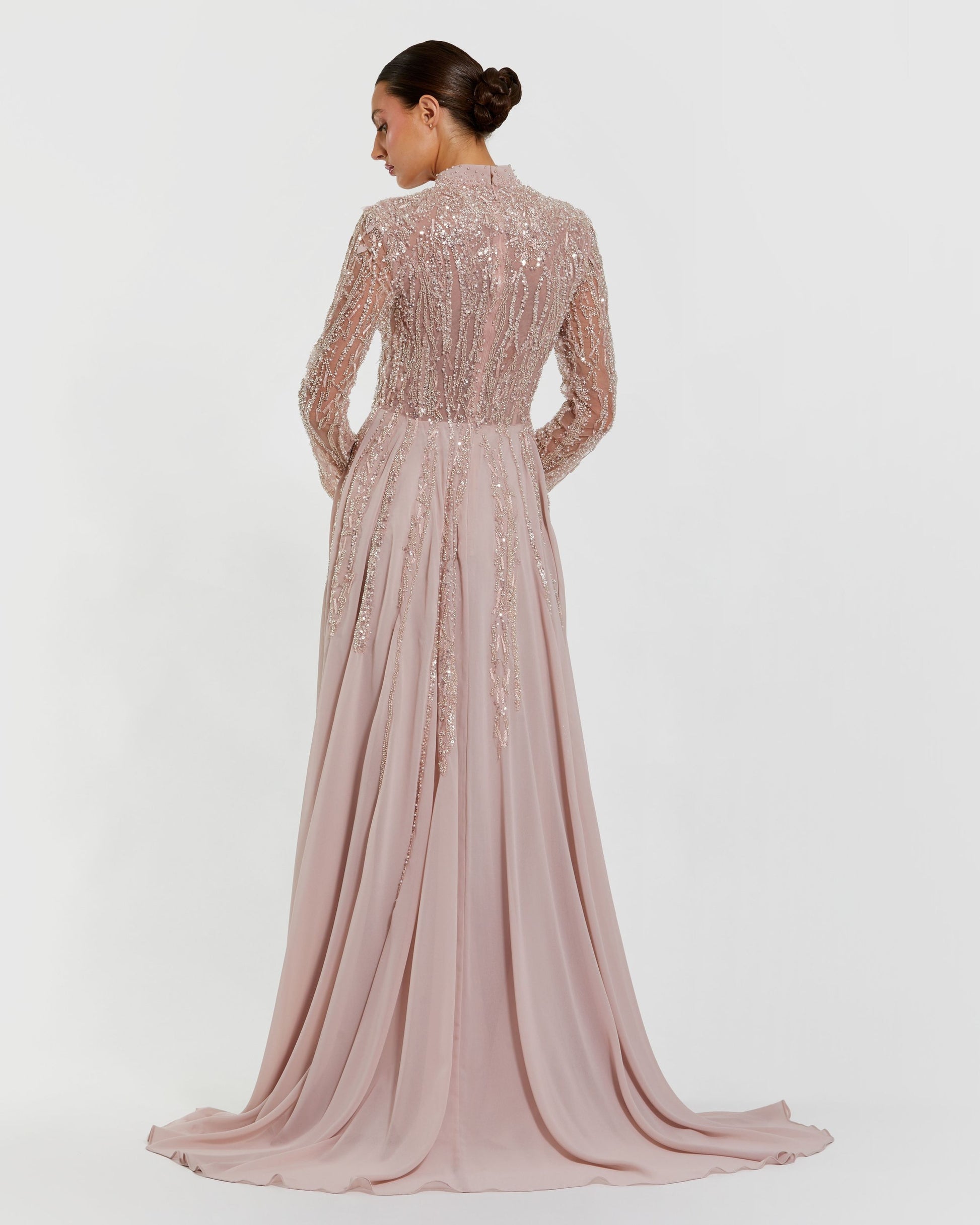 Light Purple Embellished Long Sleeve Gown with Slit Mac Duggal