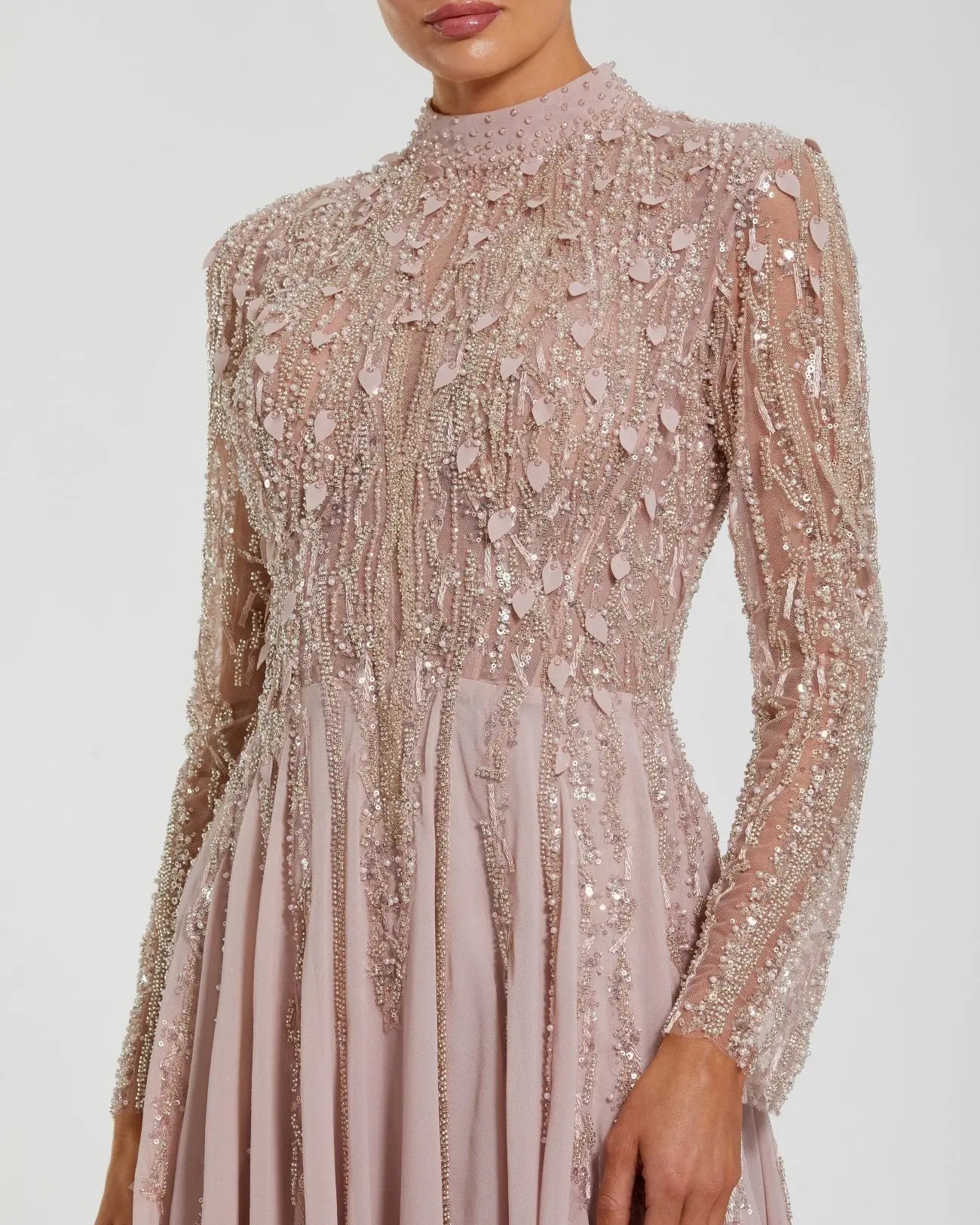 Light Purple Embellished Long Sleeve Gown with Slit Mac Duggal