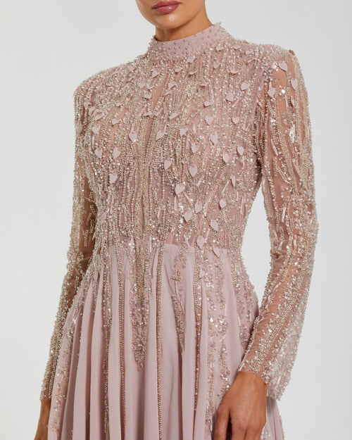 Light Purple Embellished Long Sleeve Gown with Slit Mac Duggal