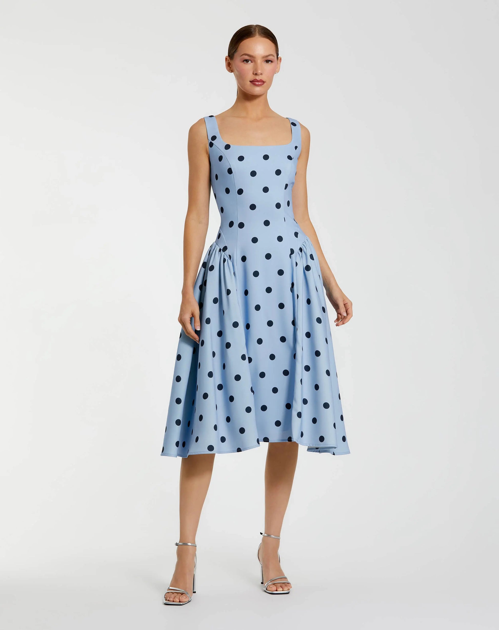 Blue Square Neck Crepe Polka Dot Fit and Flare Midi Dress - Mac Duggal