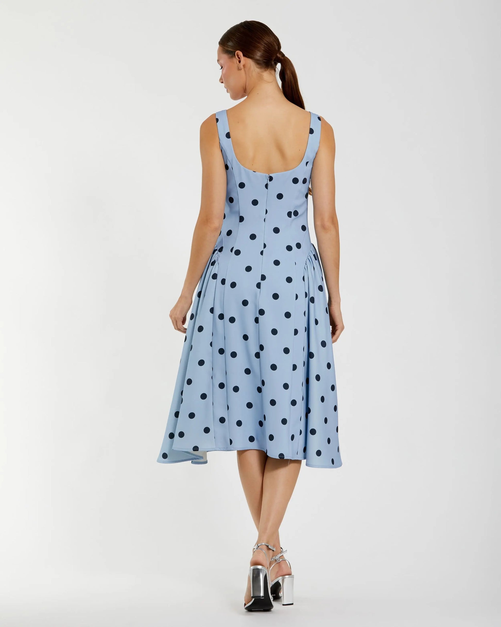 Mac Duggal - Blue Square Neck Crepe Polka Dot Fit and Flare Midi Dress - Sky Multi / US 2 Mac Duggal - Blue Square Neck Crepe Polka Dot Fit and Flare Midi Dress - Sky Multi / US 2
