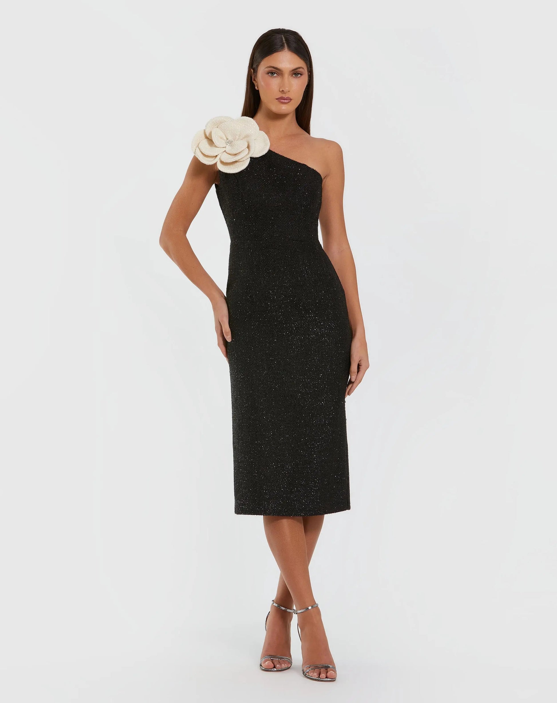 Black One Shoulder Boucle Midi Dress With 3D Flower | Mac Duggal Black One Shoulder Boucle Midi Dress With 3D Flower | Mac Duggal