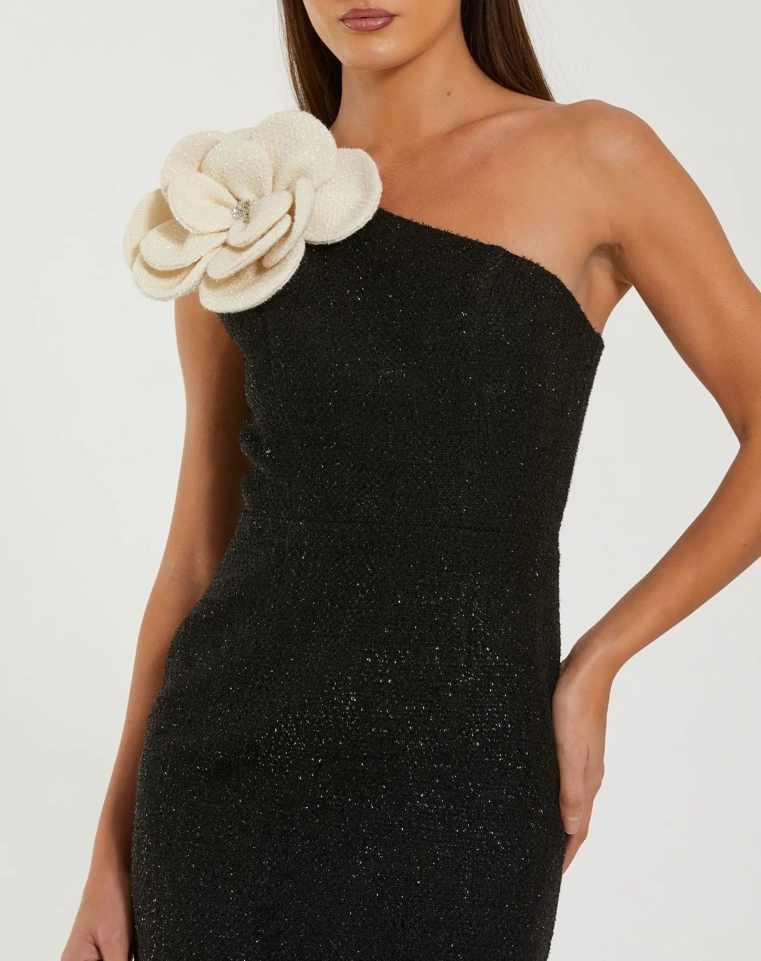 Mac Duggal Women's One Shoulder Boucle Midi Dress with 3D Flower - Black - Size 8 - Black Ivory Mac Duggal Women's One Shoulder Boucle Midi Dress with 3D Flower - Black - Size 8 - Black Ivory